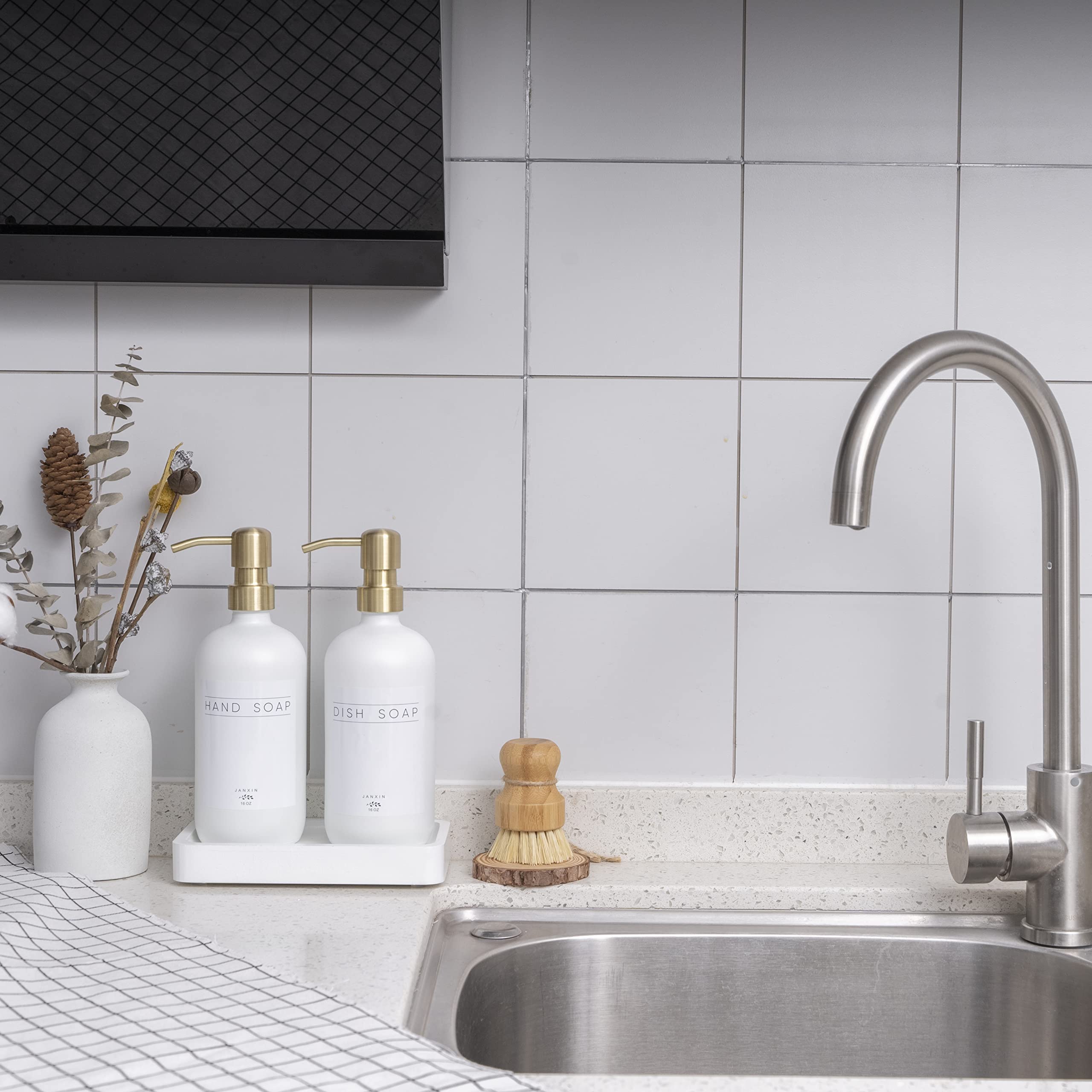 Janxin Glass Soap Dispenser for Kitchen with Stainless Steel Pump and Wood Tray  Modern Bathroom Dispenser with Waterproof Labels for Hand  Dish Soap  Lotion(White Bottles+Gold Pumps)