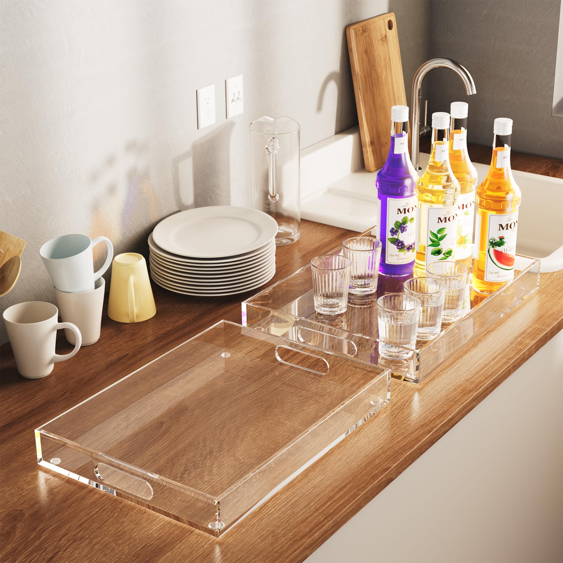 2 Pack Serving Tray With Handles, Clear Acrylic Tray For Serving Food, Large Outdoor Food Trays For Eating, Lucite Acrylic Trays