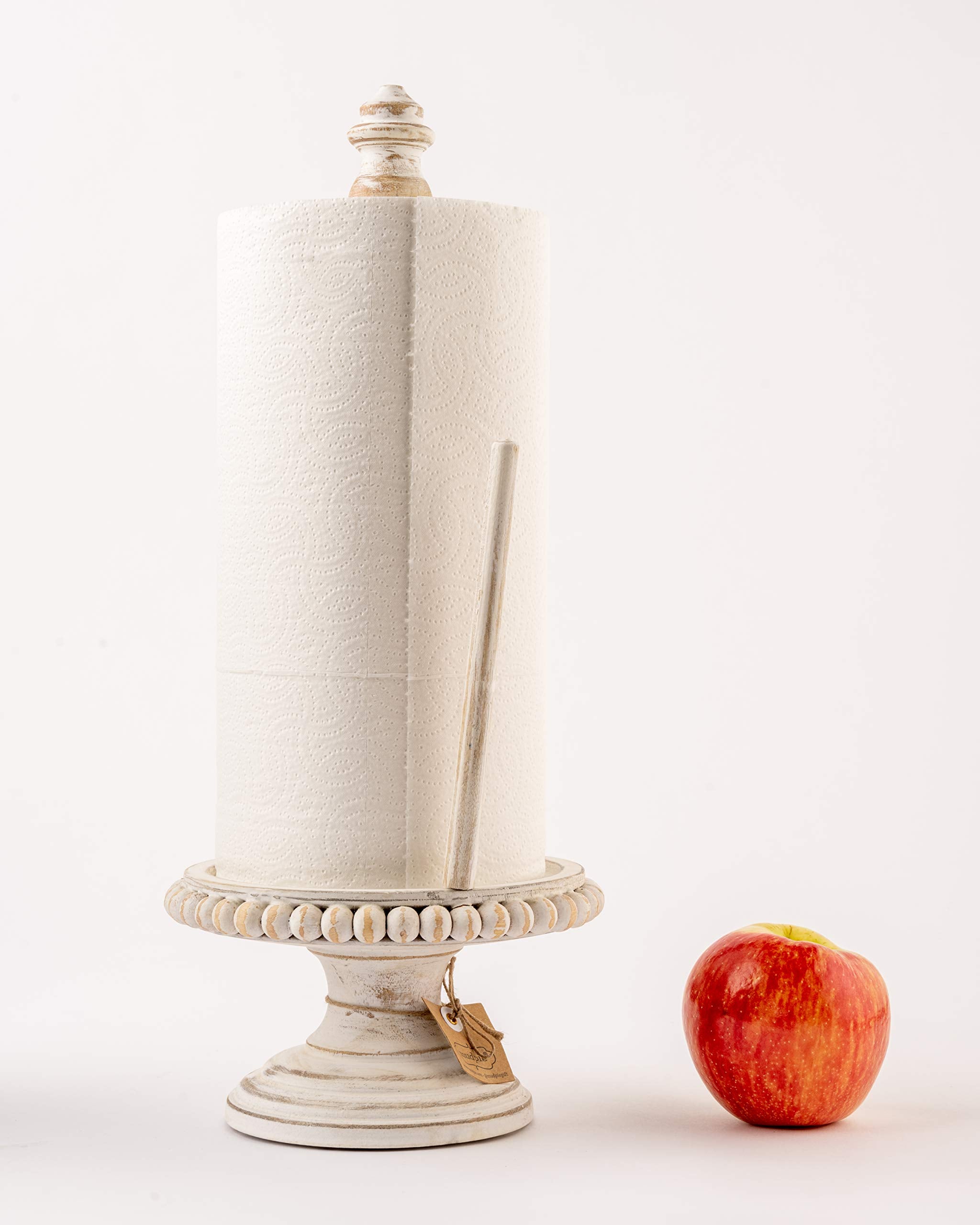Mud Pie 47100002 Farmhouse Washed Beaded Wood Pedestal Paper Towel Holder, 16'' X 6'' Dia, White, Grey