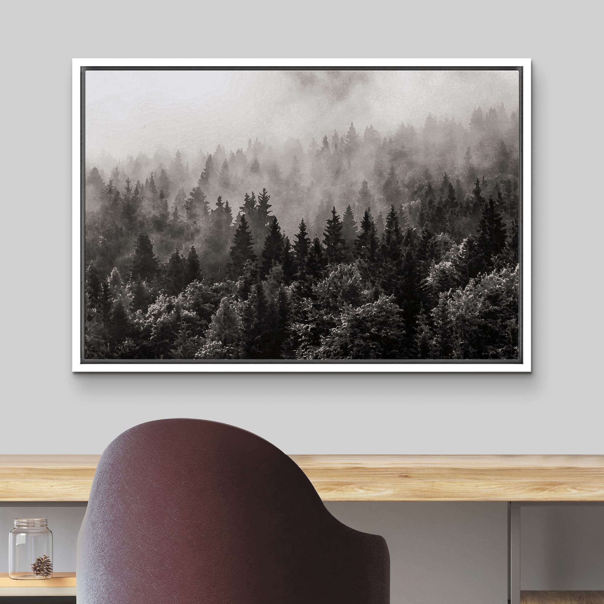 wall26 Framed Canvas Wall Art - Misty Forest in Black and White - Gallery Wrap Modern Home Art  Ready to Hang - 16''x24'' White