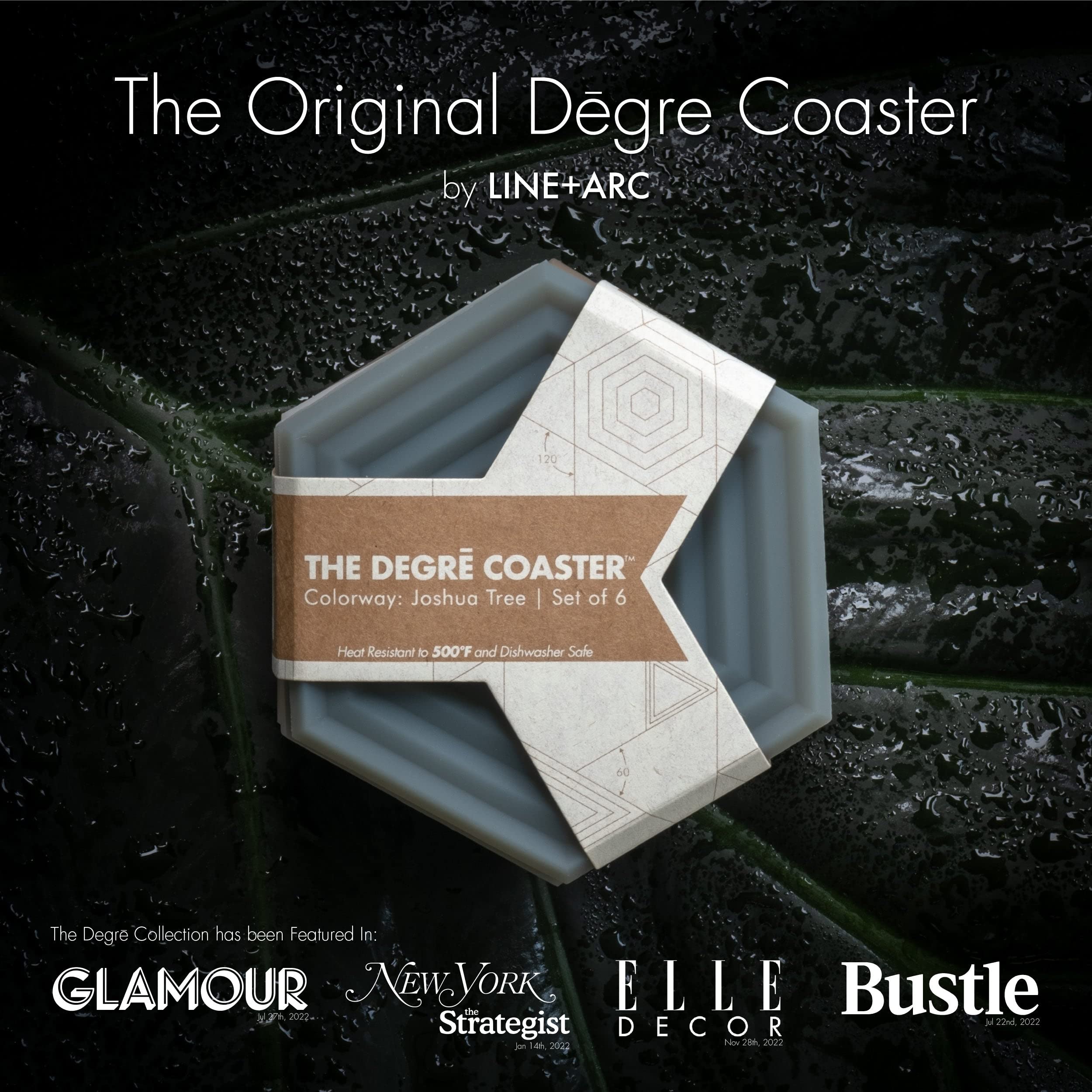 The Original Degre Coaster (Set of 6  Joshua Tree) by LINE+ARC. 10mm Thick Dishwasher Safe Stain-Resistant Outdoor Coffee Table Silicone Modern Hexagon Mid Century Cup Drink Rubber Non-Absorbent