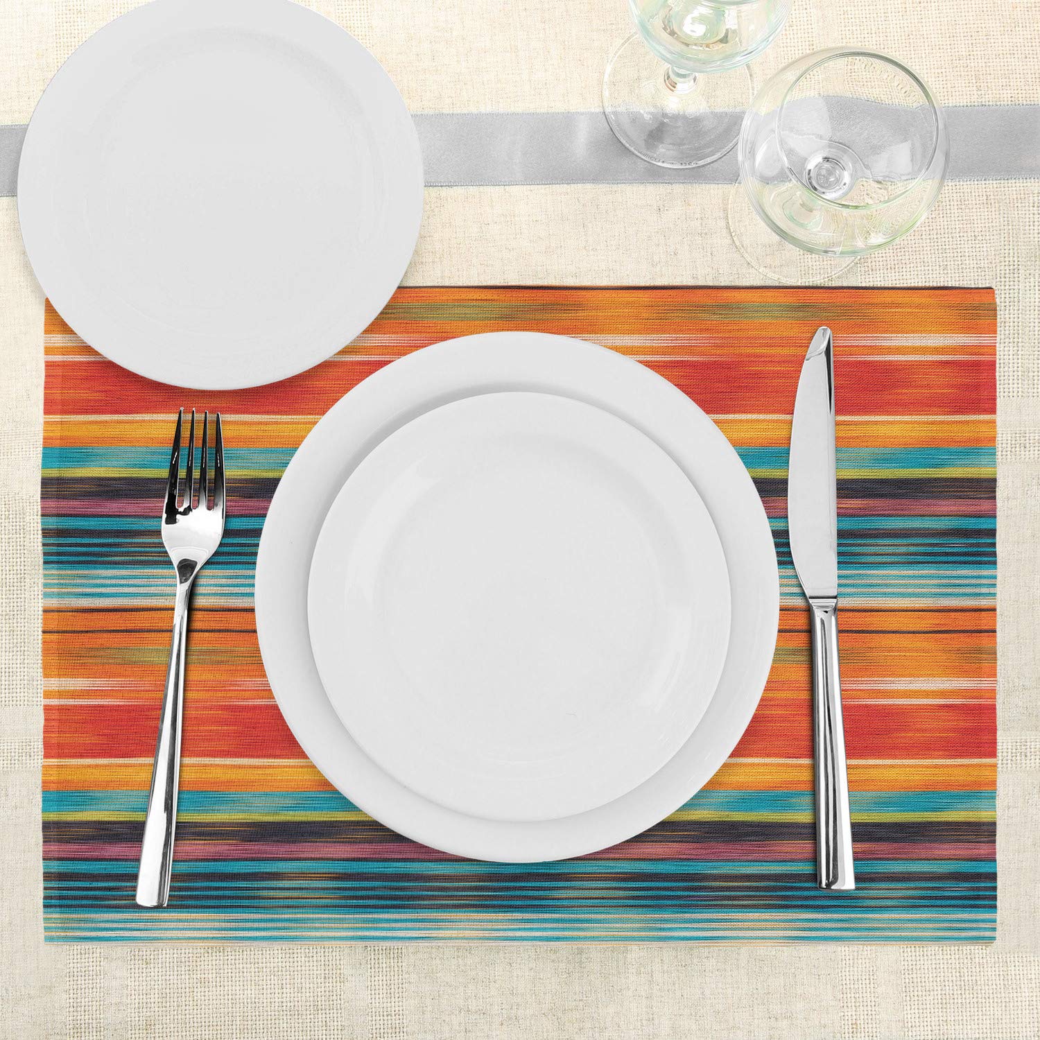 Lunarable Mexican Place Mats Set Of 4, Abstract Vibrant Vintage Aztec Motif Gradient Blurred Lines Ecuador Crafts Image, Washabl