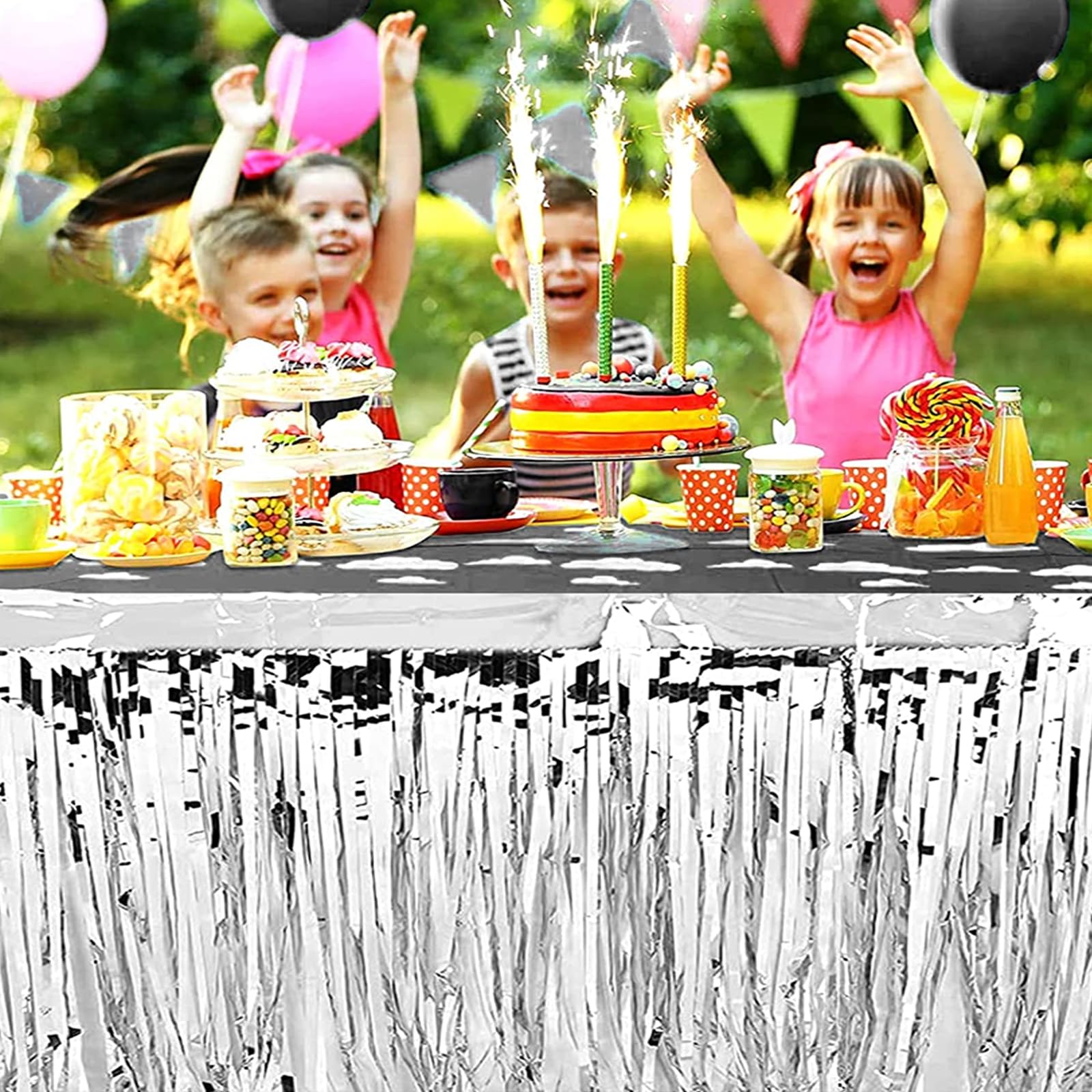 2 Pack 29.5X168 Inch Metallic Foil Fringe Tinsel Table Skirts Disposable Table Skirt For Parade Floats, Mardi Gras Party, Weddin