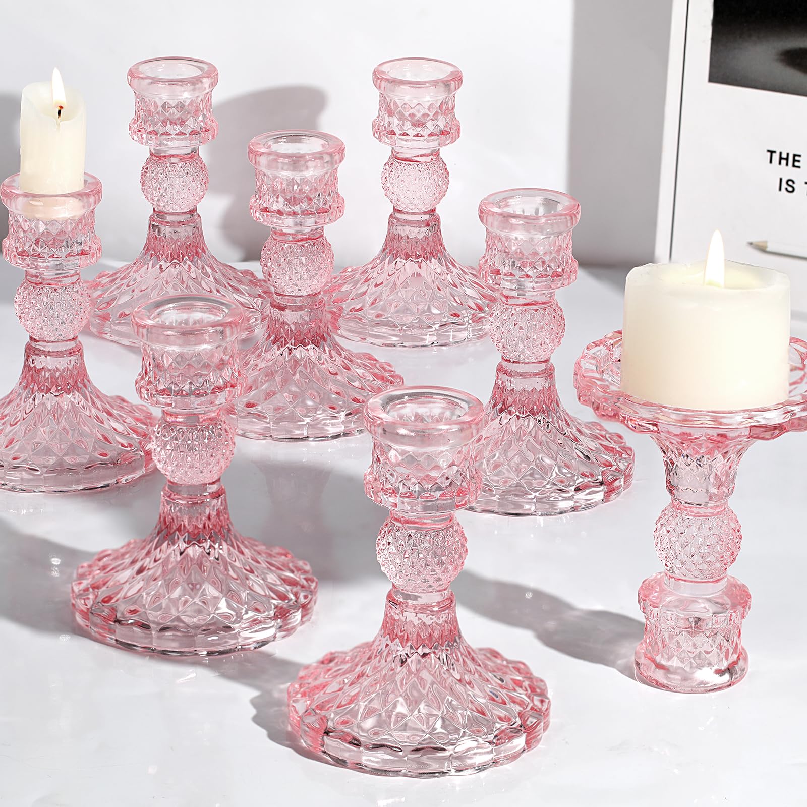 12Pcs Pink Candlestick Holders Set- 4 H Taper Candle Holders Bulk, Glass Candle Holders for Wedding, Party, Romantic Dinner Tabl