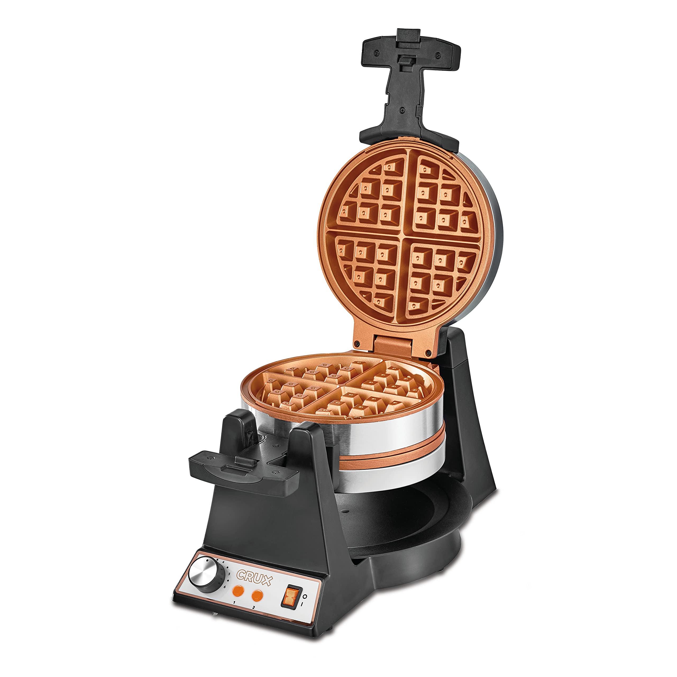 Crux Double Rotating Belgian Waffle Maker, Keto Chaffles Iron With Nonstick Pfoa Free Copper Plates For Easy Food Release, Brown