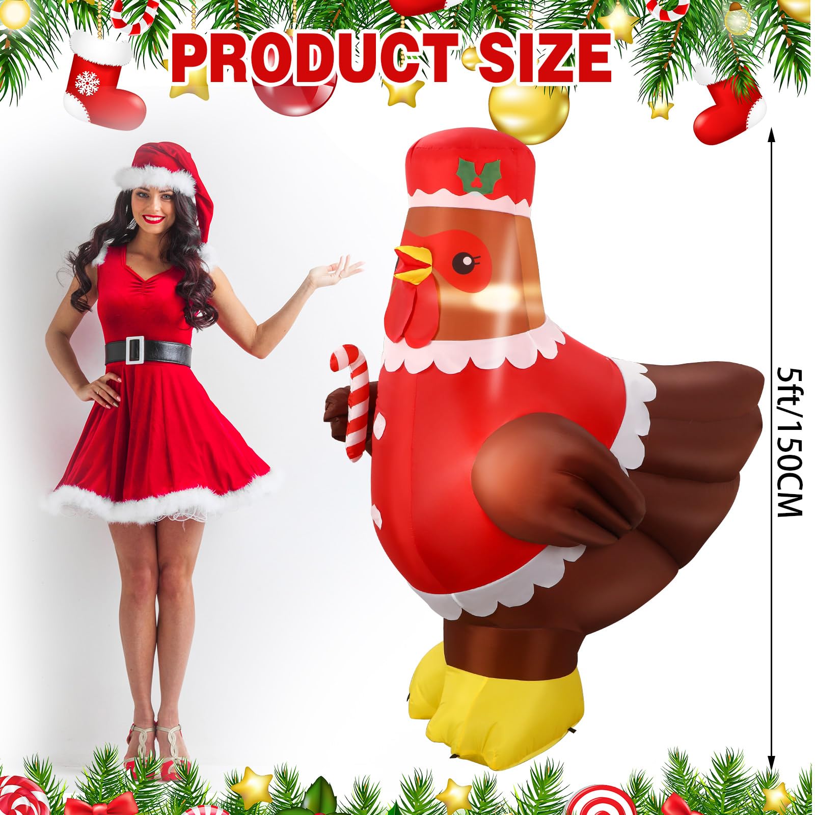 Ceenna 5 ft Lighted Inflatable Chicken with Colorful LED - Holiday Yard Decor, Red, Model NEV-Ceenna-2607