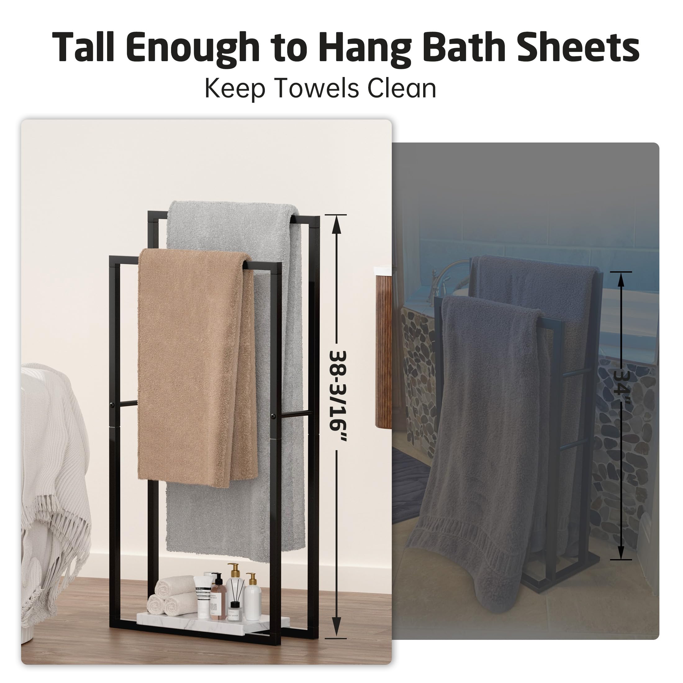 Kes Standing Towel Racks For Bathroom With Heavy Marble Base, 38'' H Towel Rack Stand For Bathroom 2-Tier, Blanket Rack For Bath