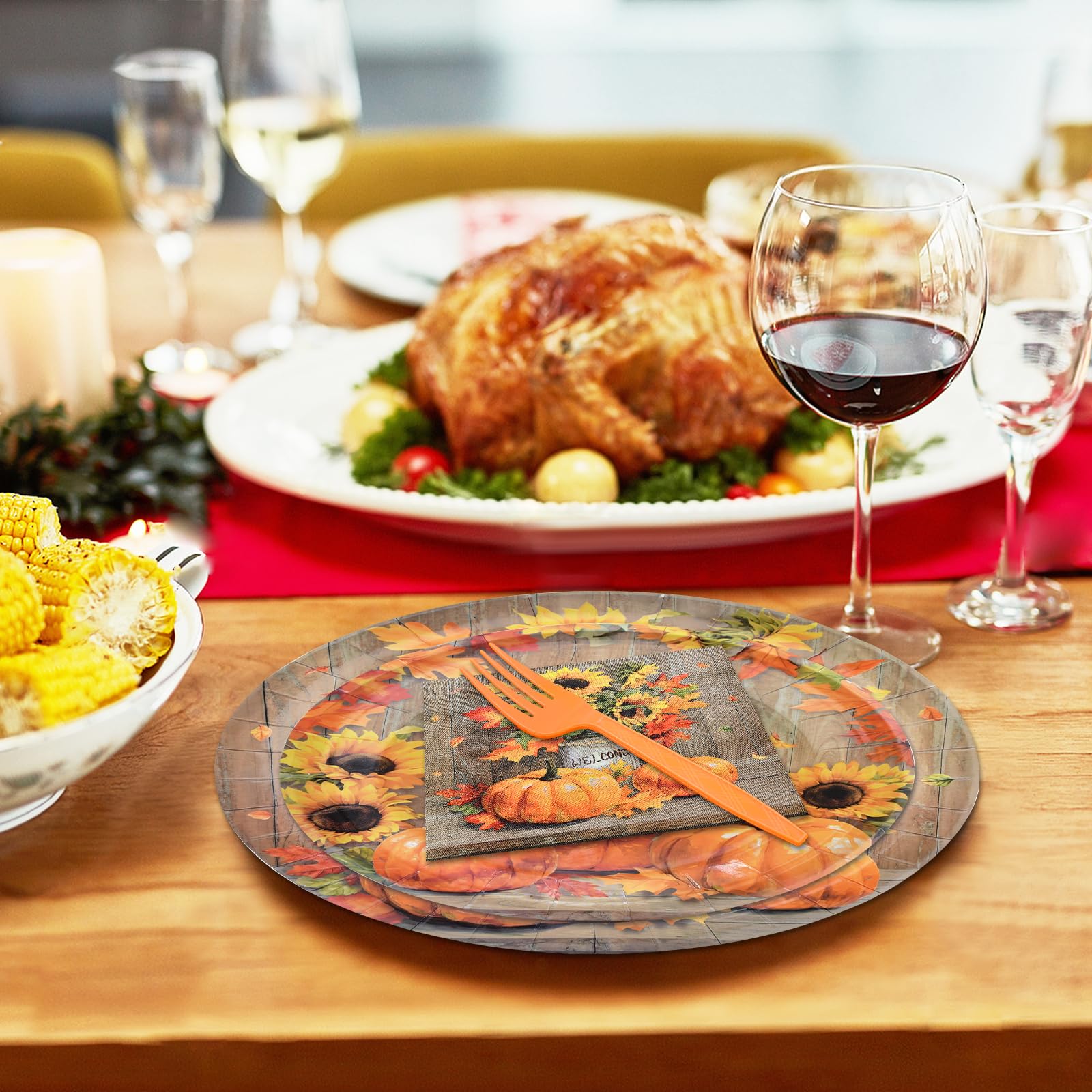 96 Pieces Thanksgiving Tableware Set - Rustic Pumpkin and Sunflower Disposable Dinnerware with Paper Plates, Napkins, and Forks
