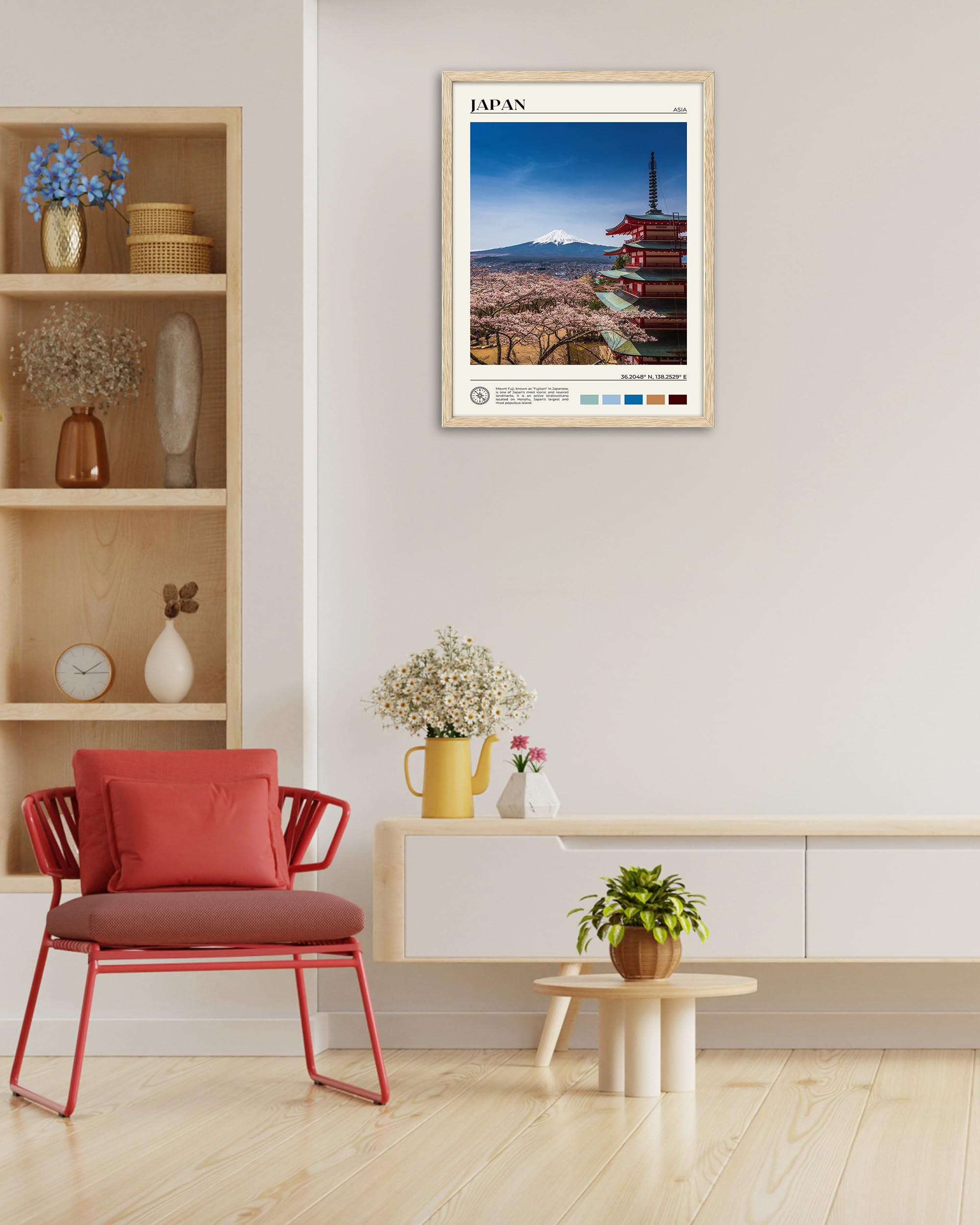 Hesendot Natural Oak Wood Framed Mount Fuji Wall Art, 12X16In Japanese Natural Scenery Canvas Wall Print, Classic Urban Landmark