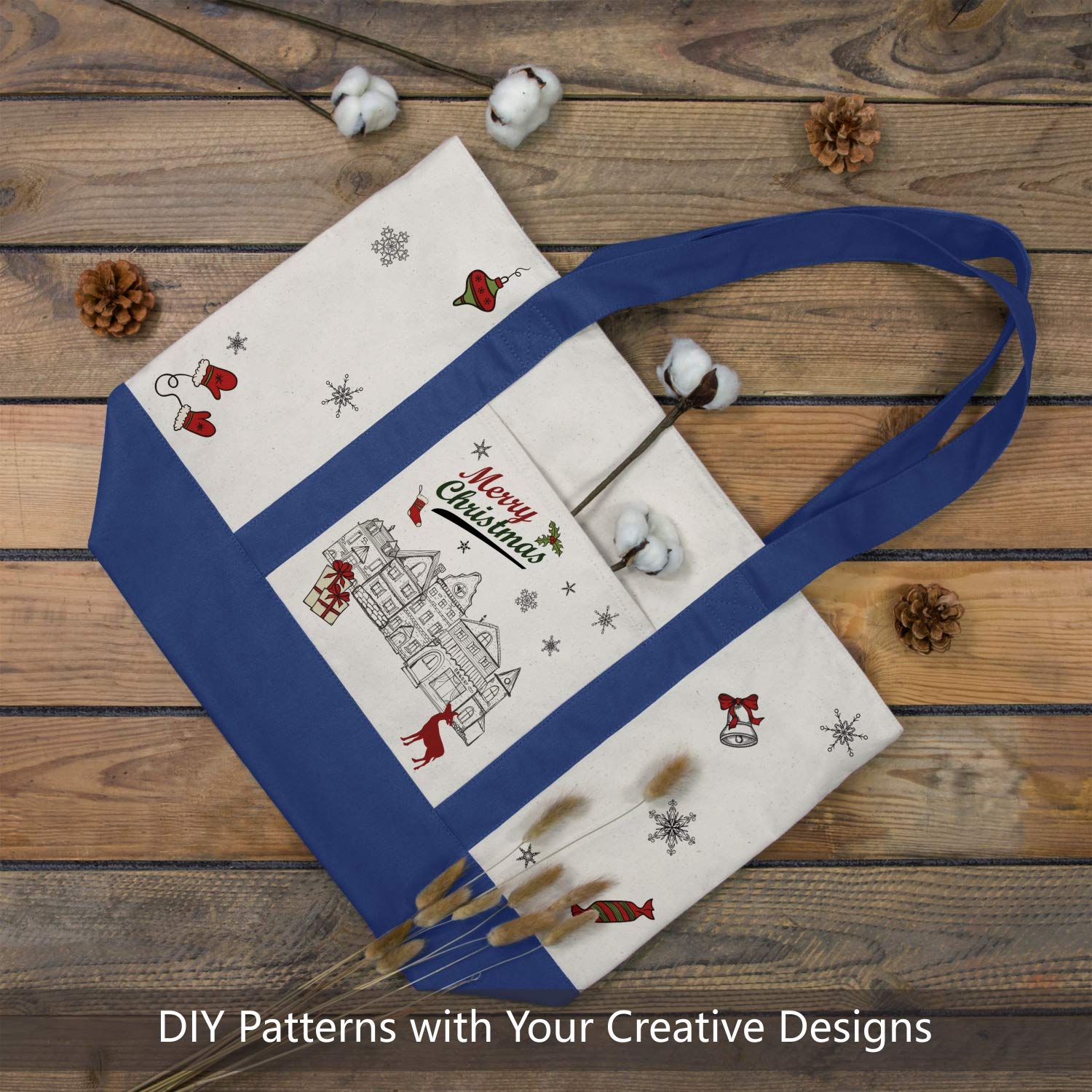 Topdesign 3-Pack Stylish Canvas Tote Bag With An External Pocket, Top Zipper Closure, Daily Essentials (Blue/Natural)