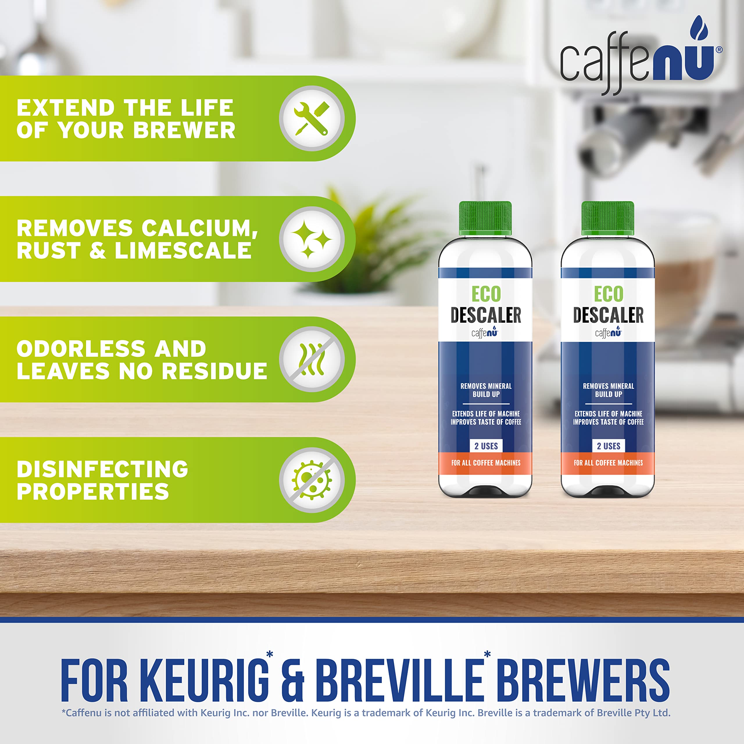 Caffenu Descaling Solution For Keurig Machines (2 Bottles - 4 Uses). Universal Descaler Compatible With Keurig, Breville, Nespre