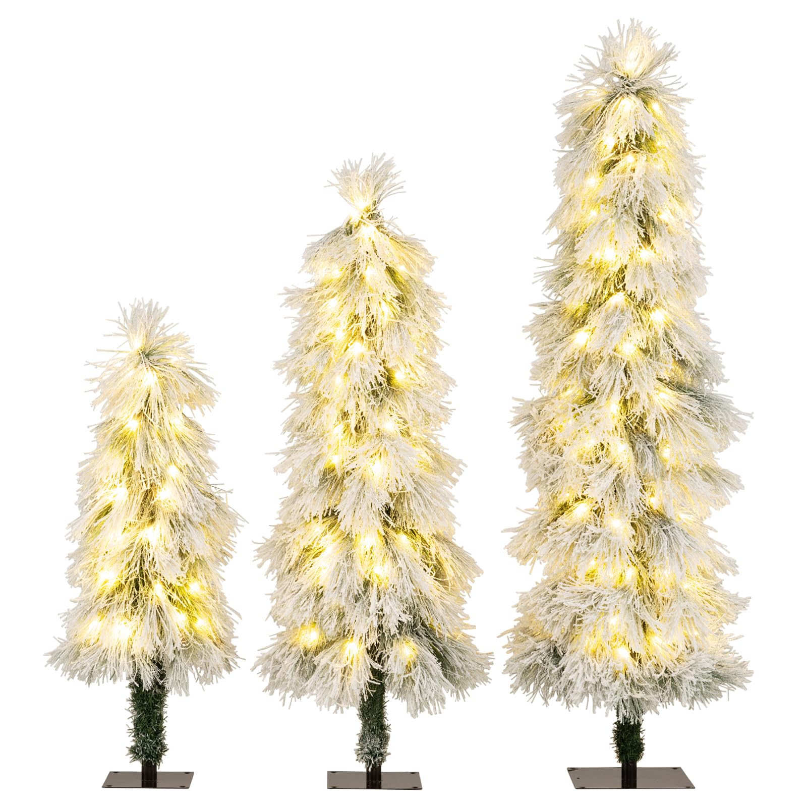 Goplus 3 4 5 Pre-Lit Snow Flocked Christmas Tree Set of 3, Slim Pencil Artificial Xmas Trees with 150 Warm White LED Lights, 