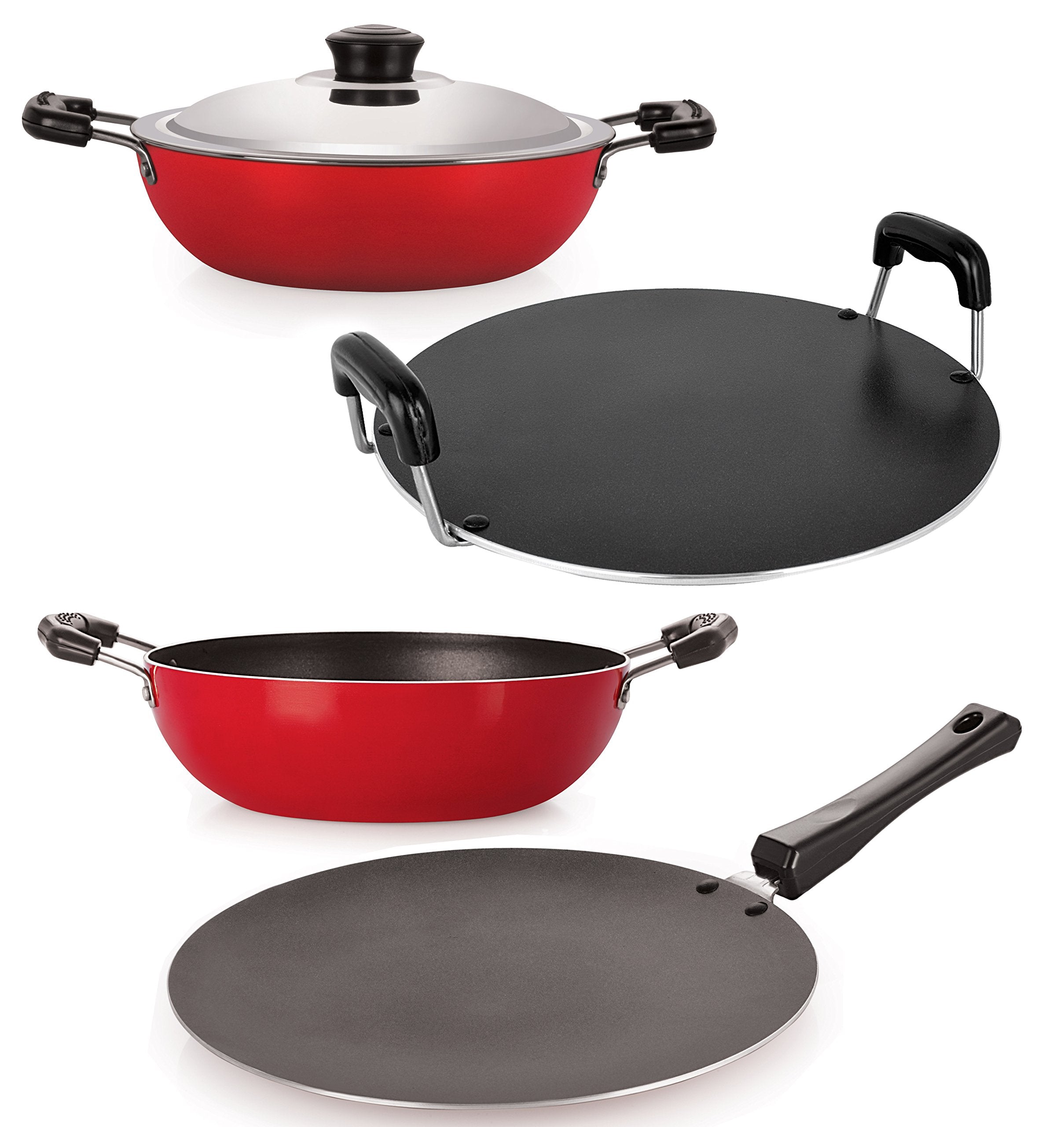 Nirlon NonStick Aluminium Cookware Set, 4Pieces, Red (26_Ct_Kd14_Dkdm_Rt)