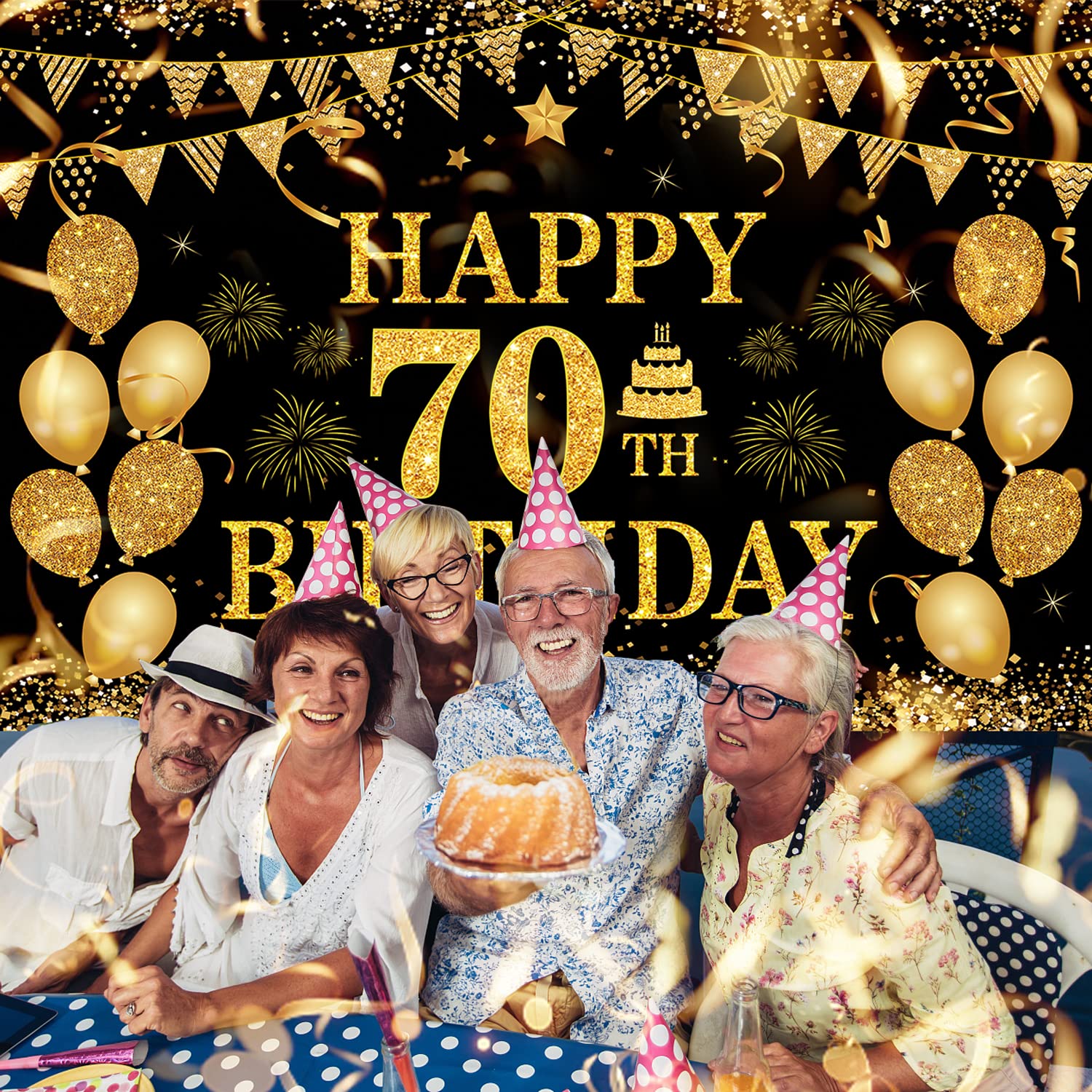 MDCGFOD 70th Birthday Banner - Happy 70th Party Decor, Black Gold, 71 x 45 Inch, Polyester for Men & Women
