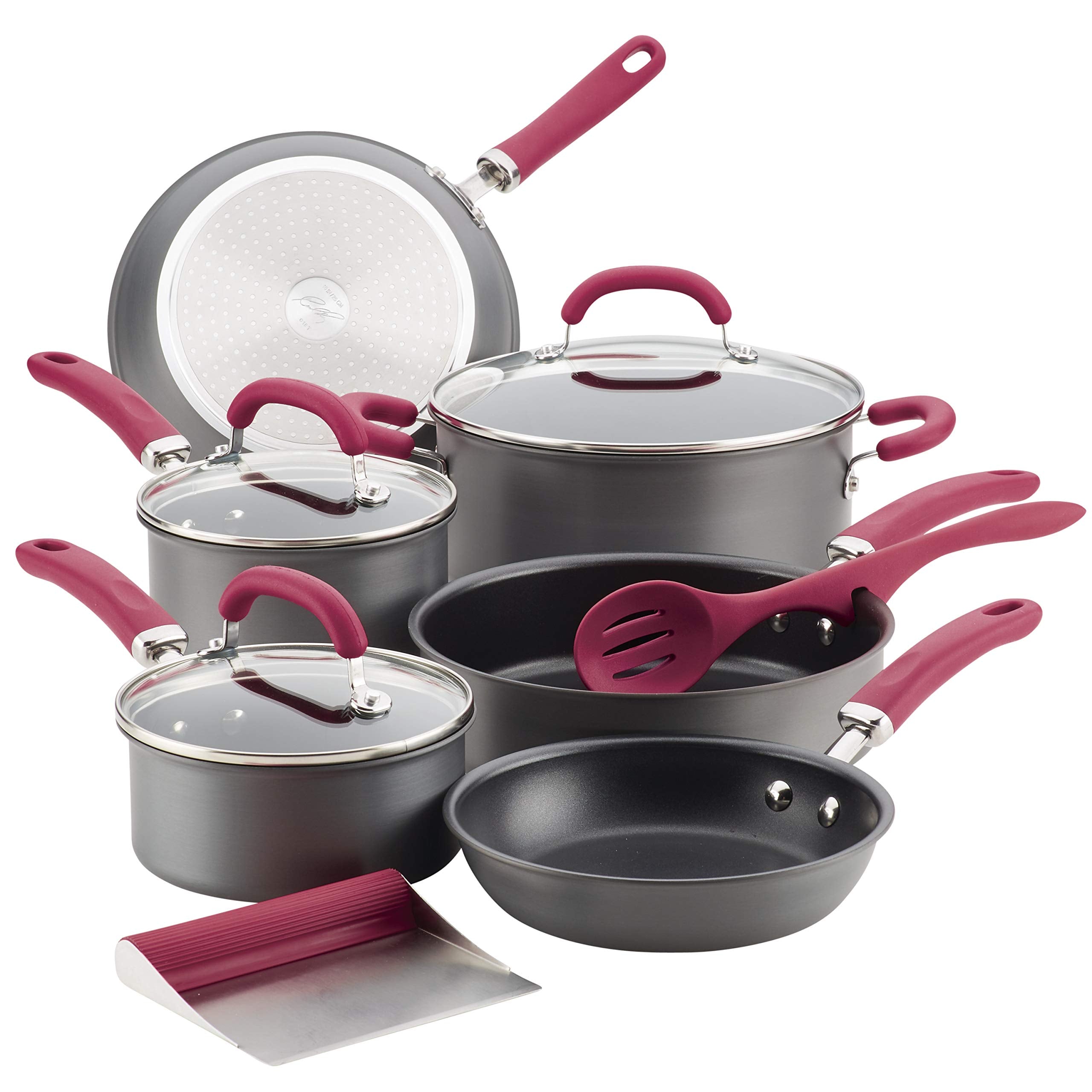 Rachael Ray Create Delicious Hard Anodized Nonstick Cookware Pots and Pans Set, 11 Piece, Burgundy Handles