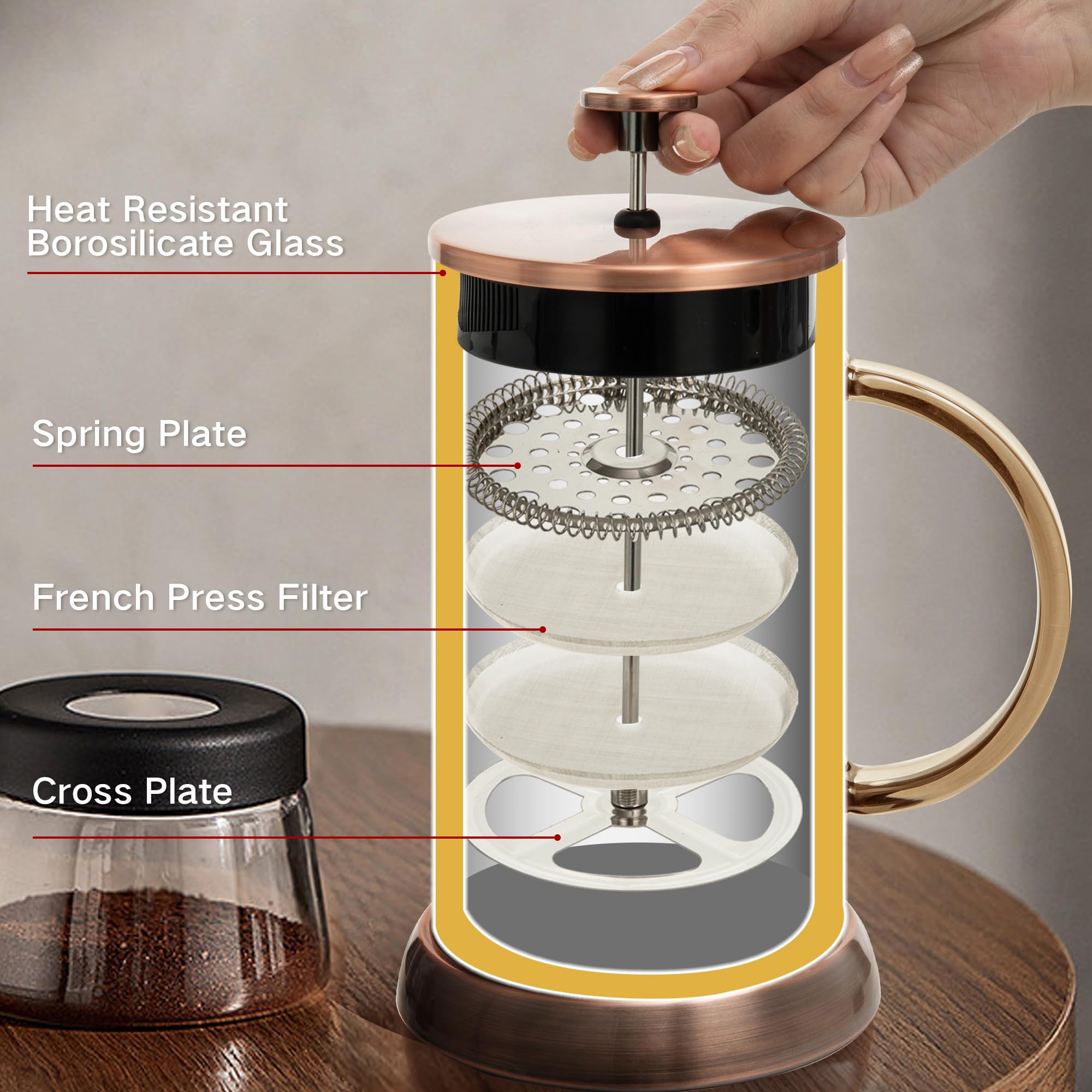 Ymmind 34 Ounce French Press Coffee Maker, 5-Cup Espresso Coffee Maker, Copper Cold Brew Heat Resistant Thickened Borosilicate C