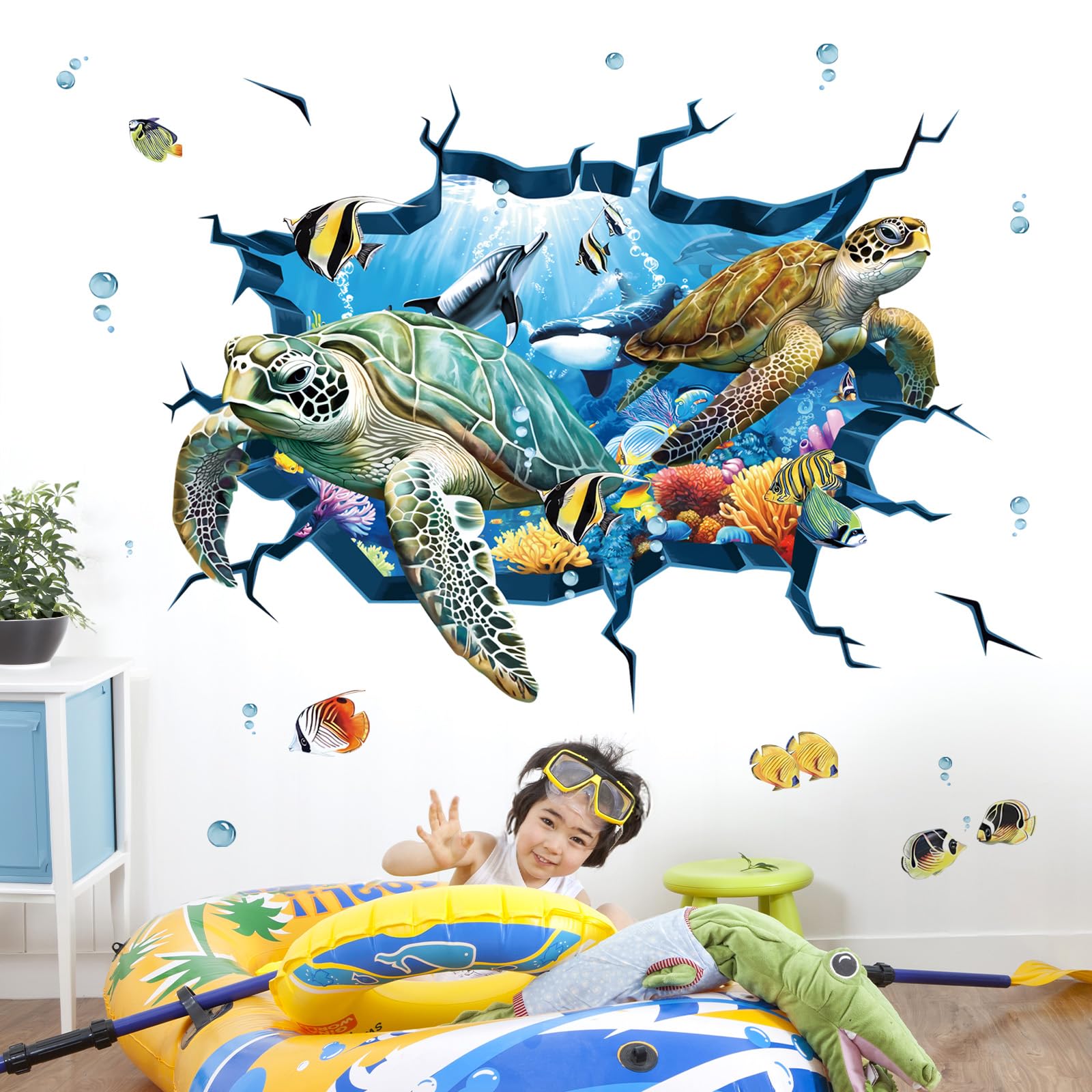 Decalmile 3D Under The Sea Turtle Wall Decals Underwater Ocean Fish Broken Wall Stickers Kids Bedroom Living Room Bathroom Wall