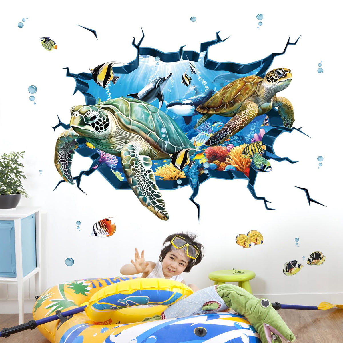 Decalmile 3D Under The Sea Turtle Wall Decals Underwater Ocean Fish Broken Wall Stickers Kids Bedroom Living Room Bathroom Wall