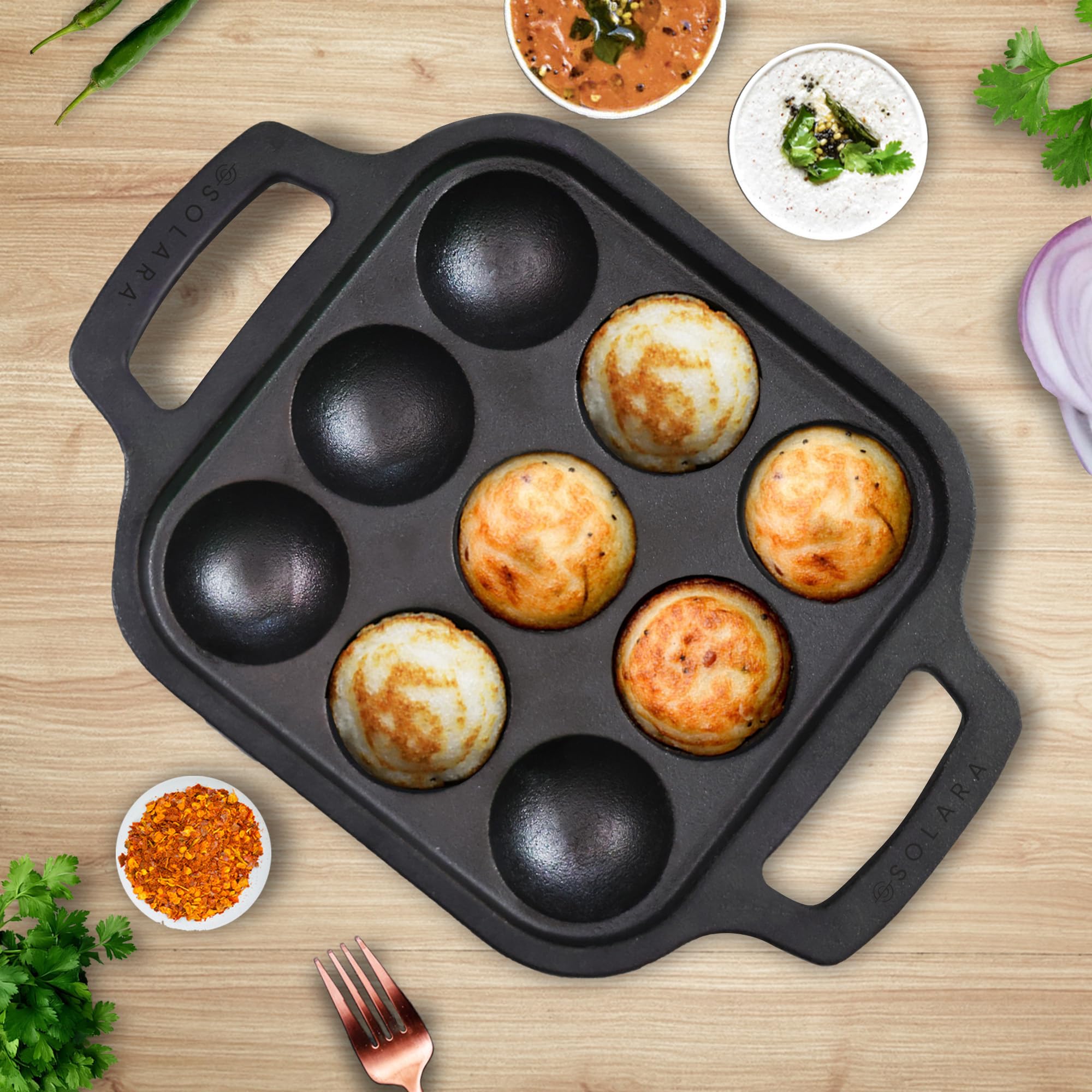 Solara Pre Seasoned Cast Iron Paniyaram Pan 9 Cavities 8 Inch, 20 Cm Appam Patra, Paniyarakkal Pan For Appe, Gunta Ponganalu, Pa