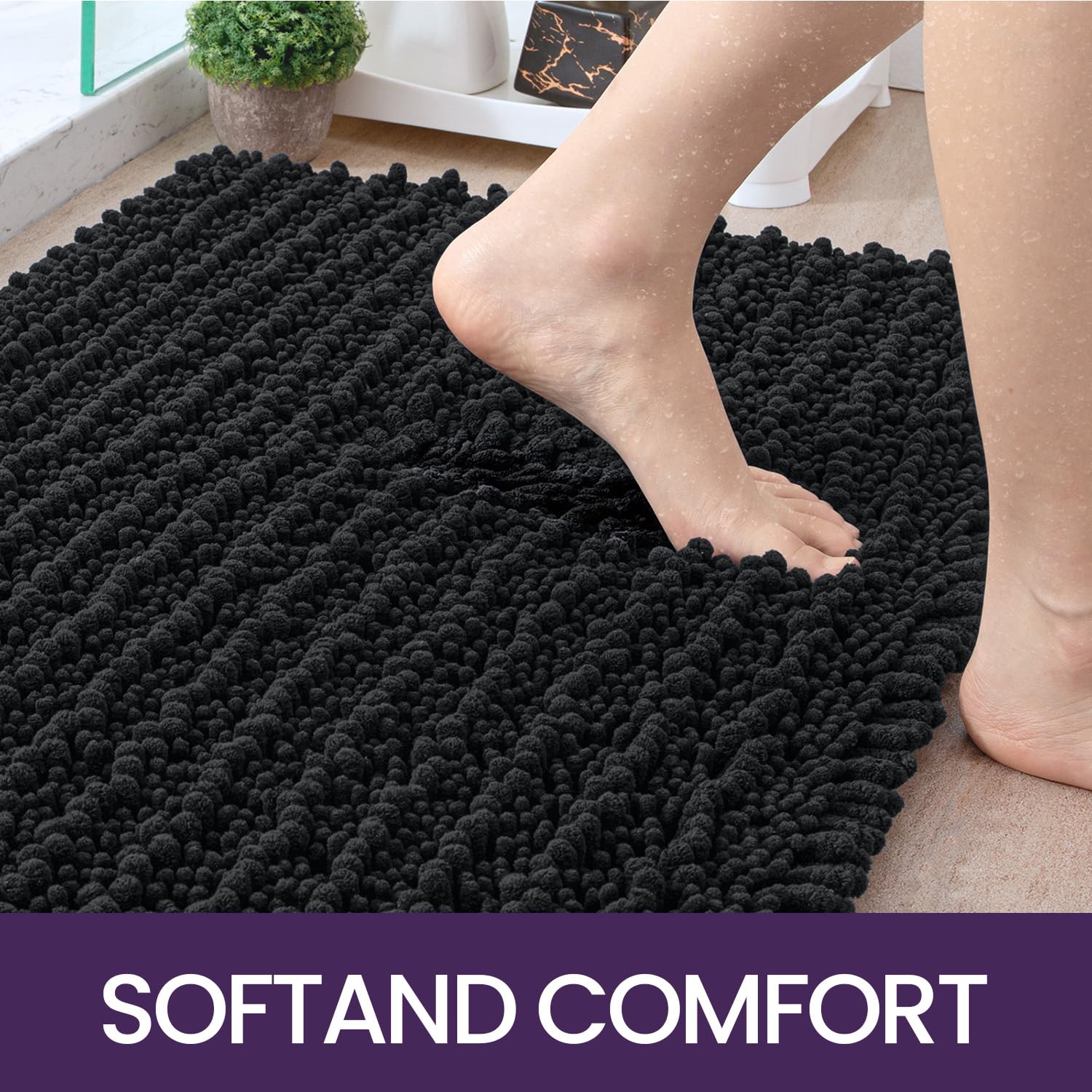DEXI Bath Mat Bathroom Rug Non Slip Absorbent and Soft Floor Mats Washable Chenille for Bathtub Toilet Shower Room Entryway 24''x43''Black