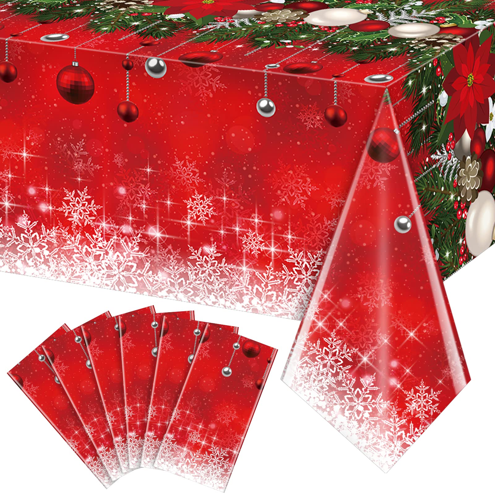 Jectivs 6Pieces Merry Christmas Tablecloth Plastic Christmas Tree Ball Table Cover Rectangle Winter Snowflake Tablecloth for Mer