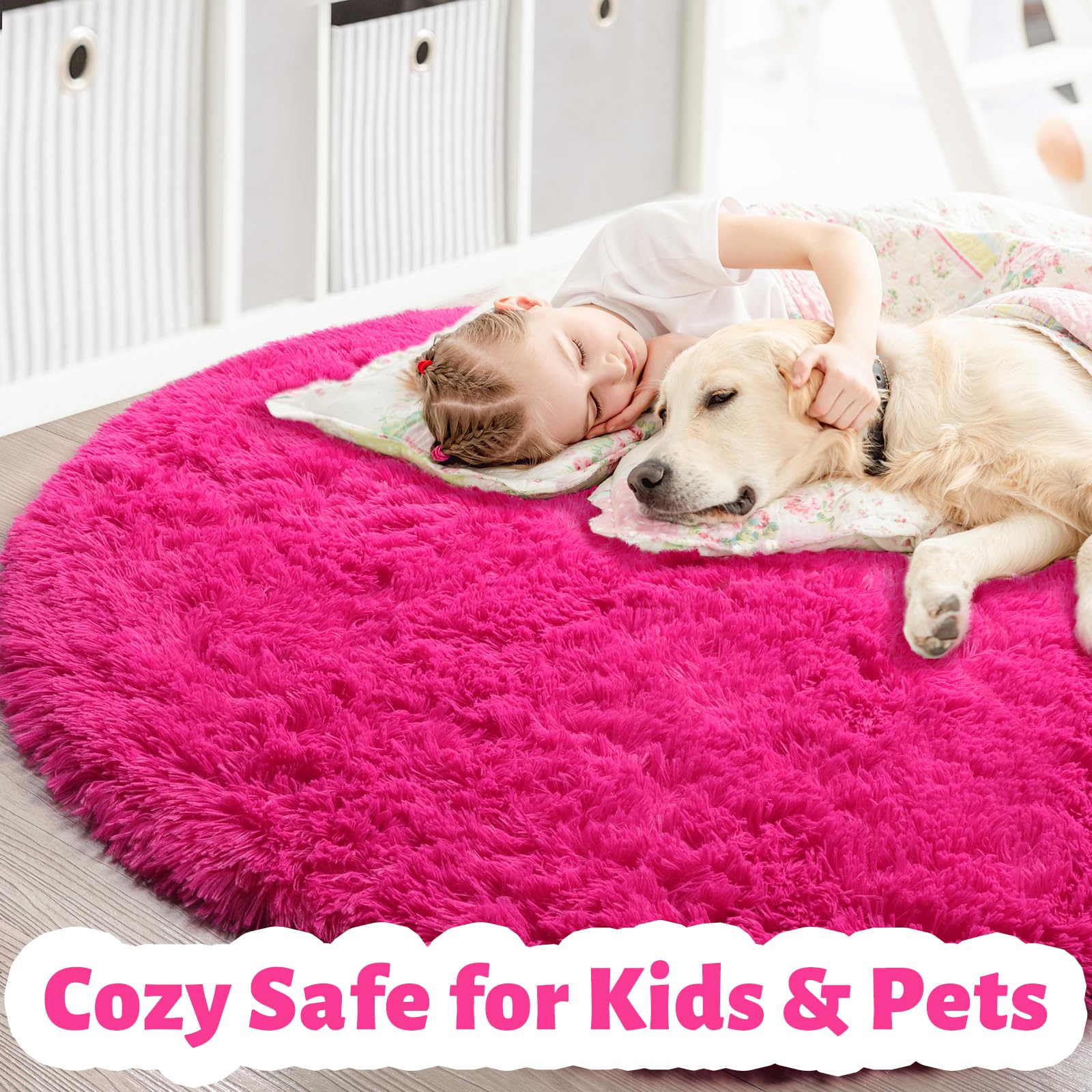 Hot Pink Round Circle Rug 6Ft for Girls Bedroom, Big Fluffy Area Rugs for Kids Room Decor Aesthetic, Shag Plush Fuzzy Furry Carp
