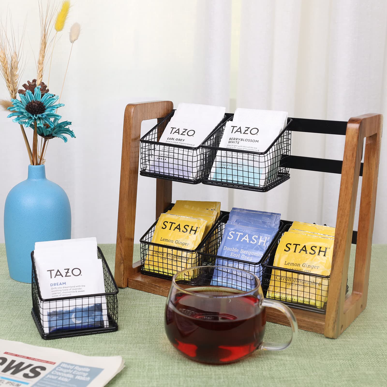 Htb 2 Tier Tea Organizer For Tea Bags, Tea Bag Holder With Acacia Wood Stand And 6 Removable Metal Basket For Sugar Packets, Swe