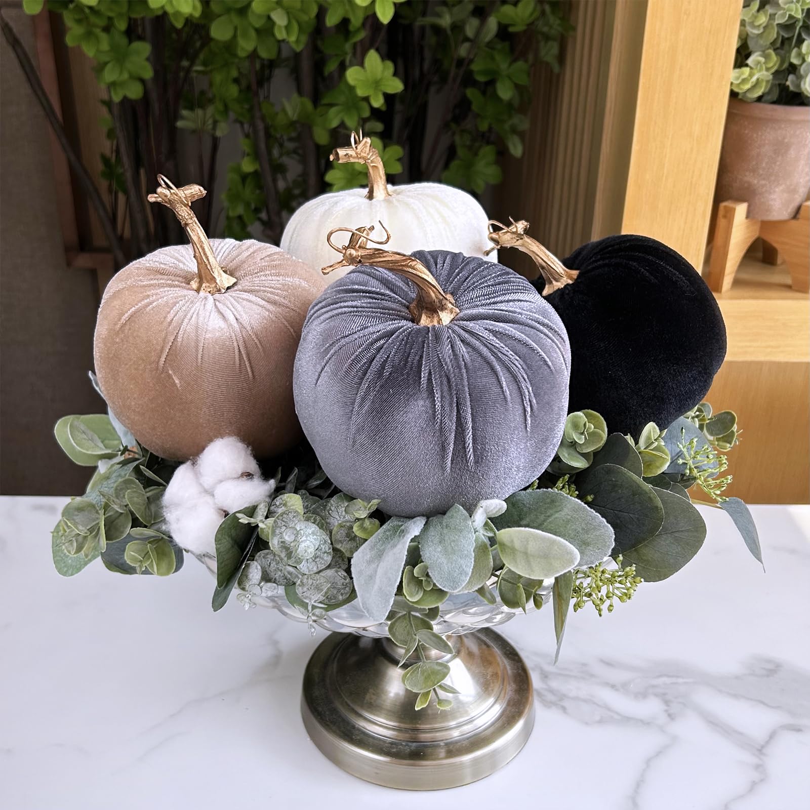 Winlyn 4 Pcs Assorted Faux Velvet Pumpkins Decorative Fabric Pumpkins Foam Pumpkins in White Black Gray Taupe 5  for Thanksgivin