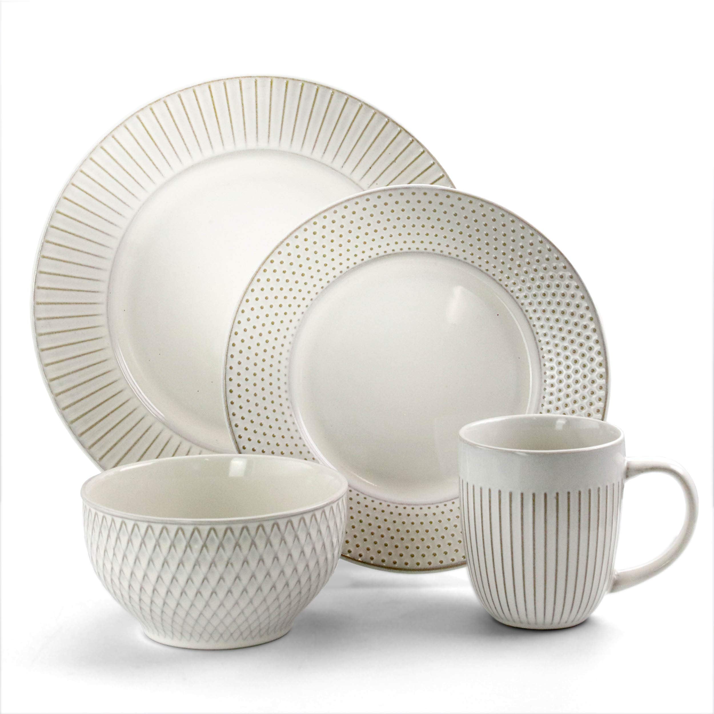 Elama 16-Piece Round Embossed Stoneware Dinnerware Set, White - Contemporary Design