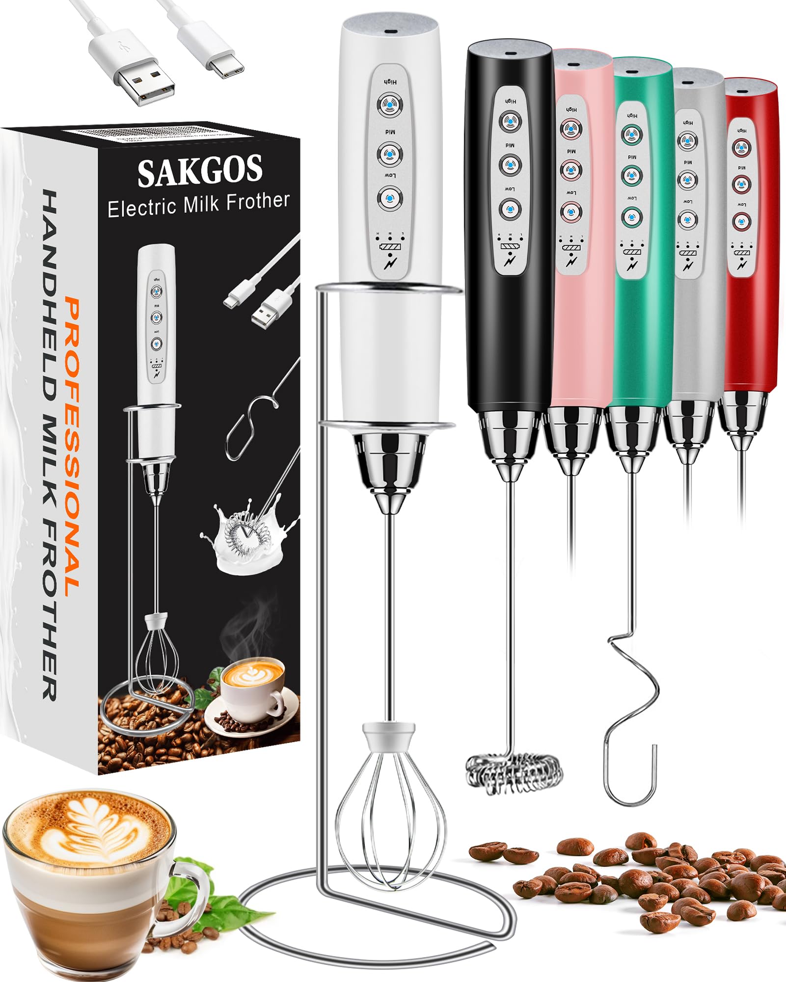 Sakgos Milk Frother With Stand Rechargeable-Handheld Coffee Frother With 3 Stainless Whisks 3 Speed Adjustable, Electric Whisk D