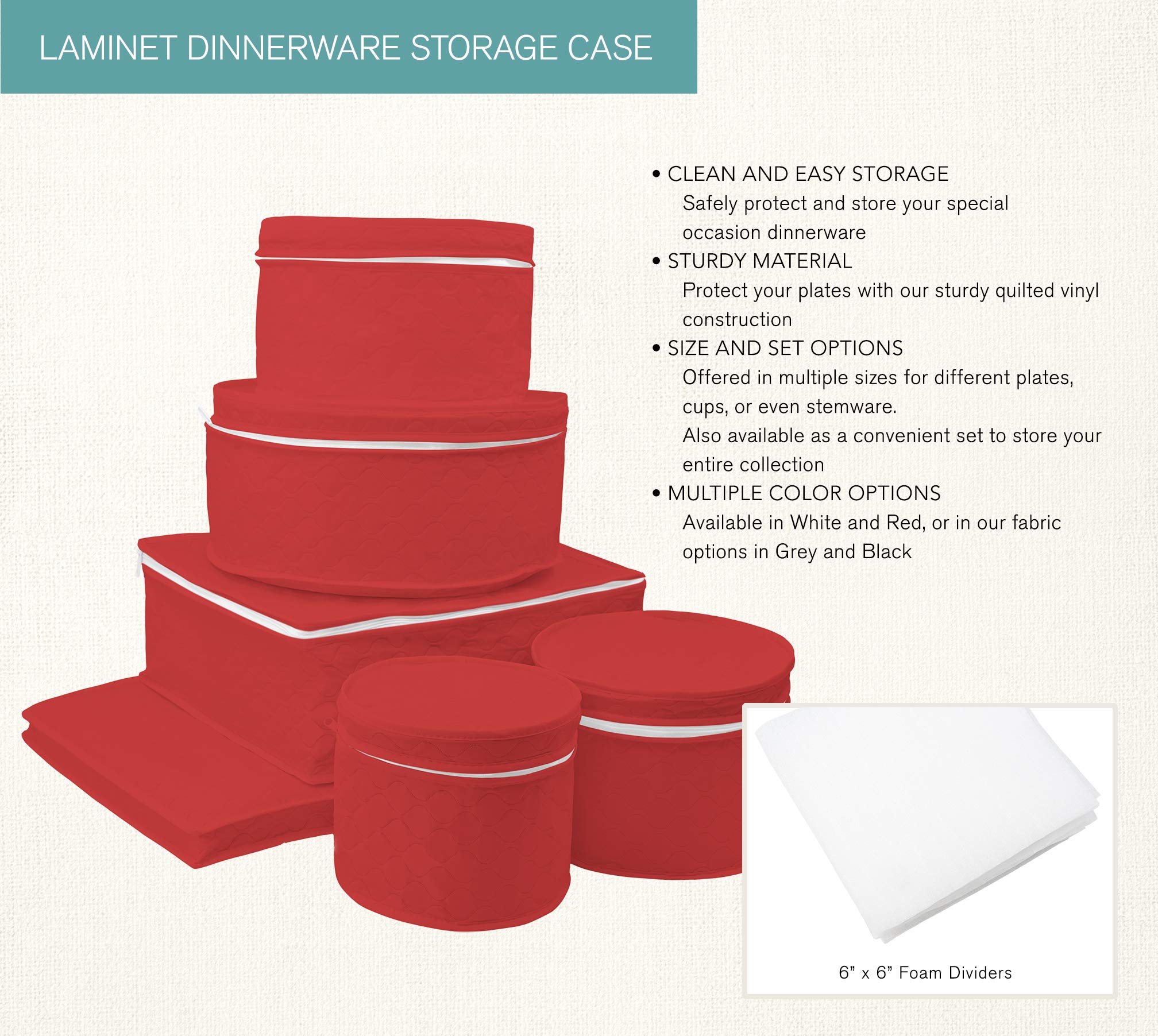 LAMINET 6-Piece Quilted Dinnerware Storage Set - 4 Plate Cases, Cup & Platter Case - Red, Durable Nylon, Starter Size