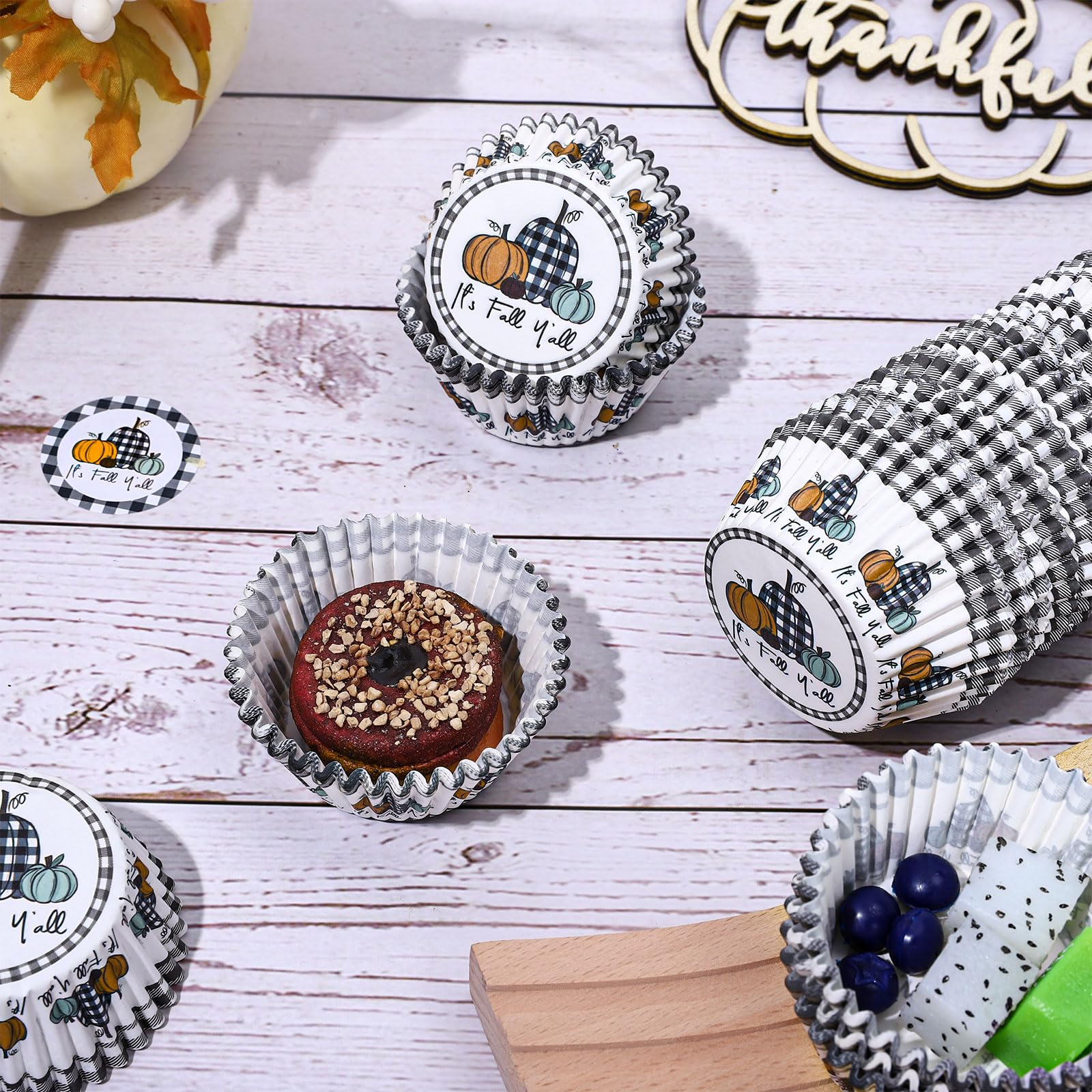Whaline 600Pcs Fall Thanksgiving Cupcake Liners It'S Fall Y'All Cupcake Wrappers Plaid Pumpkin Baking Cups Autumn Muffin Baking