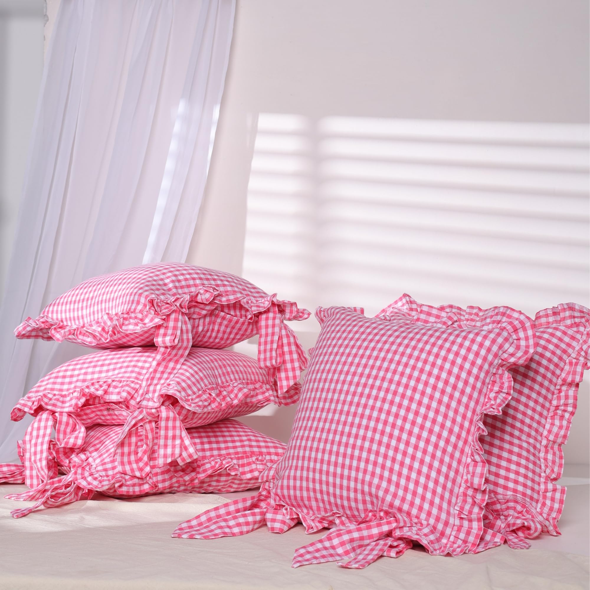 Sleepy Threads Pink Cushion Covers 16X16 Inches - Pack Of 5 | Checkered Pattern With Frill Border | Decorative Throw Cushion Cas