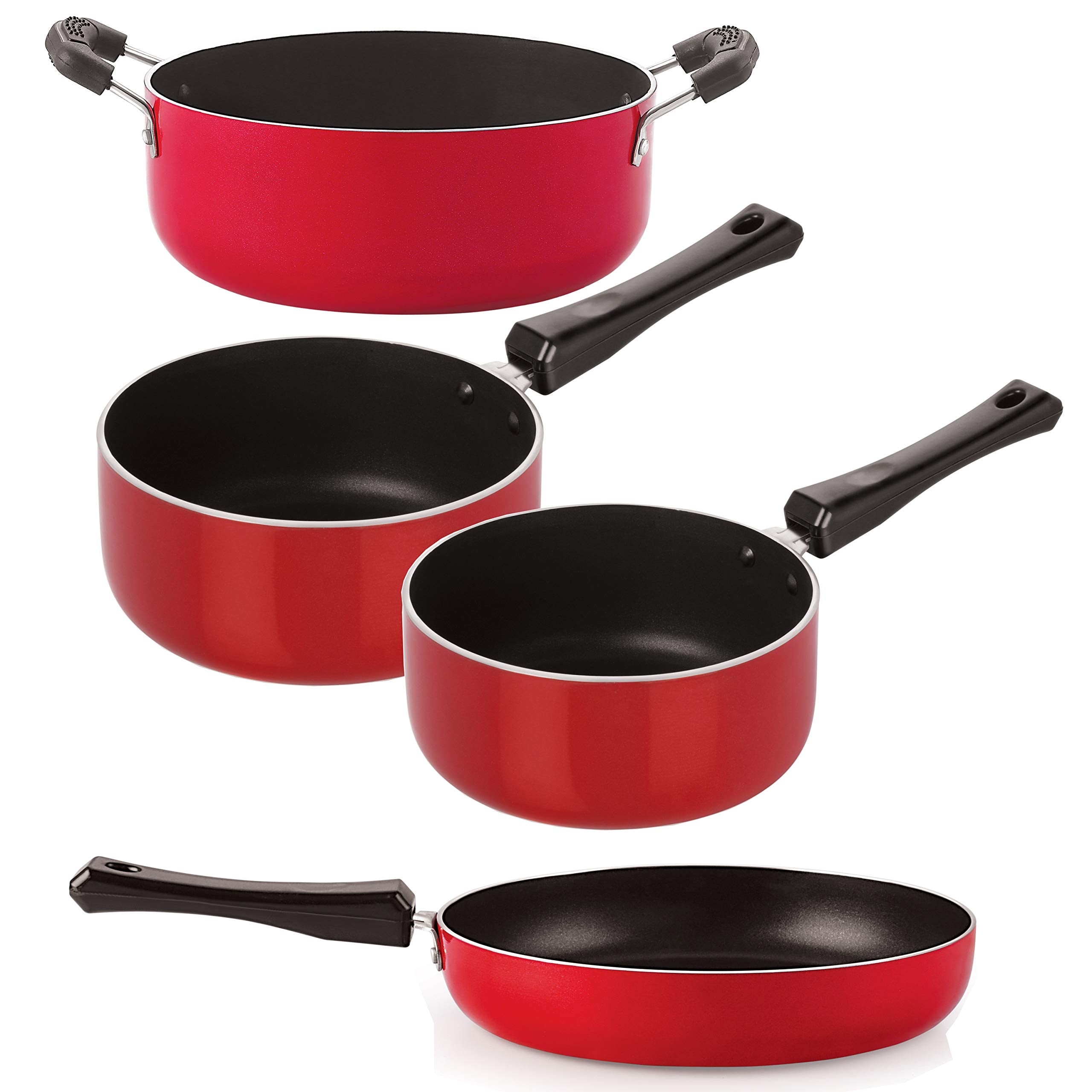 Nirlon NonStick Aluminum Cookware Set, 4Piece, Red And Black (2.6Mm_Fp11_Sp(M)_Sp(B)_Cass22)