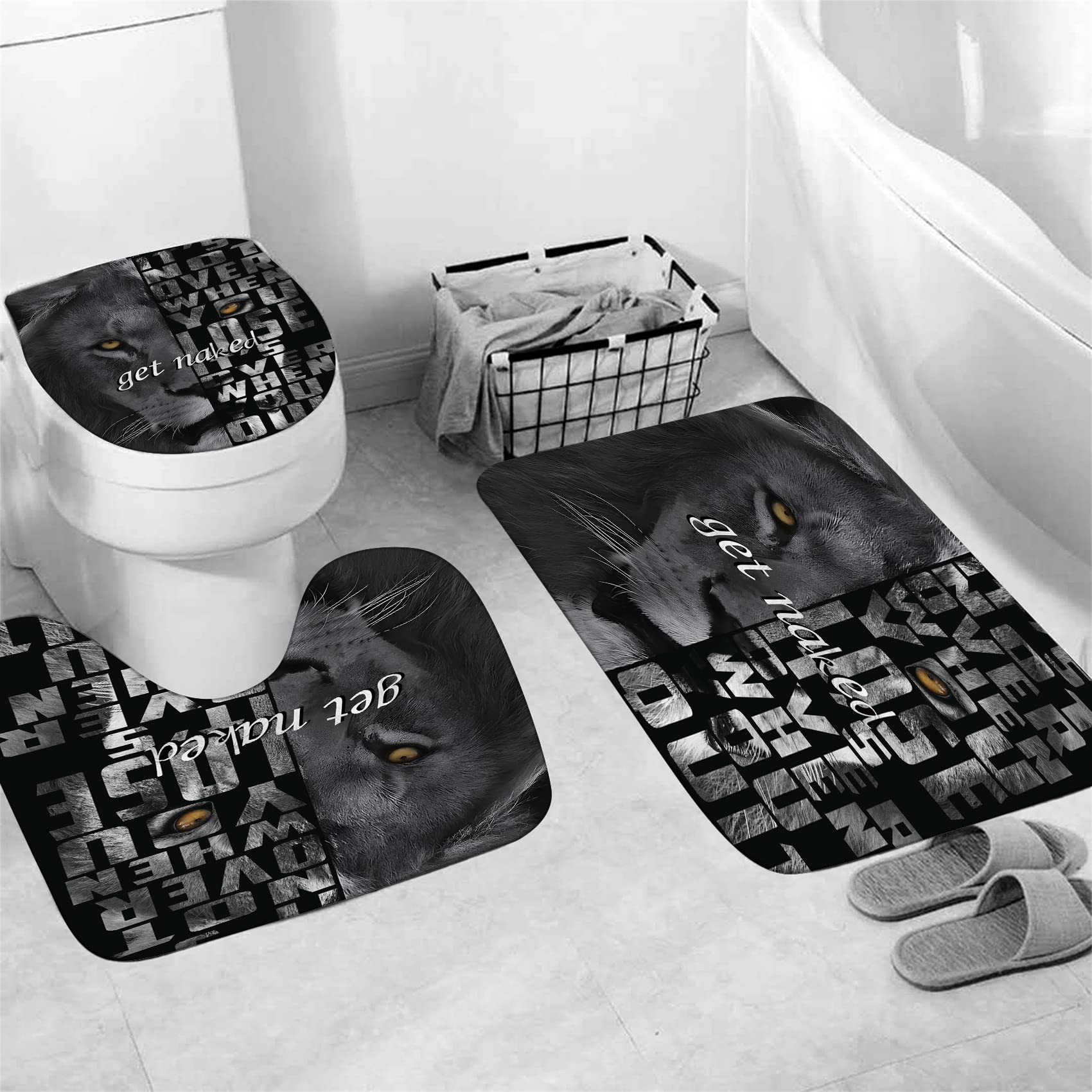 Jieprom 4Pcs Lion Insipirational Shower Curtain Set With Rugs, Toilet Lid Cover And Bath Mat, Animal Shower Curtain With 12 Hook