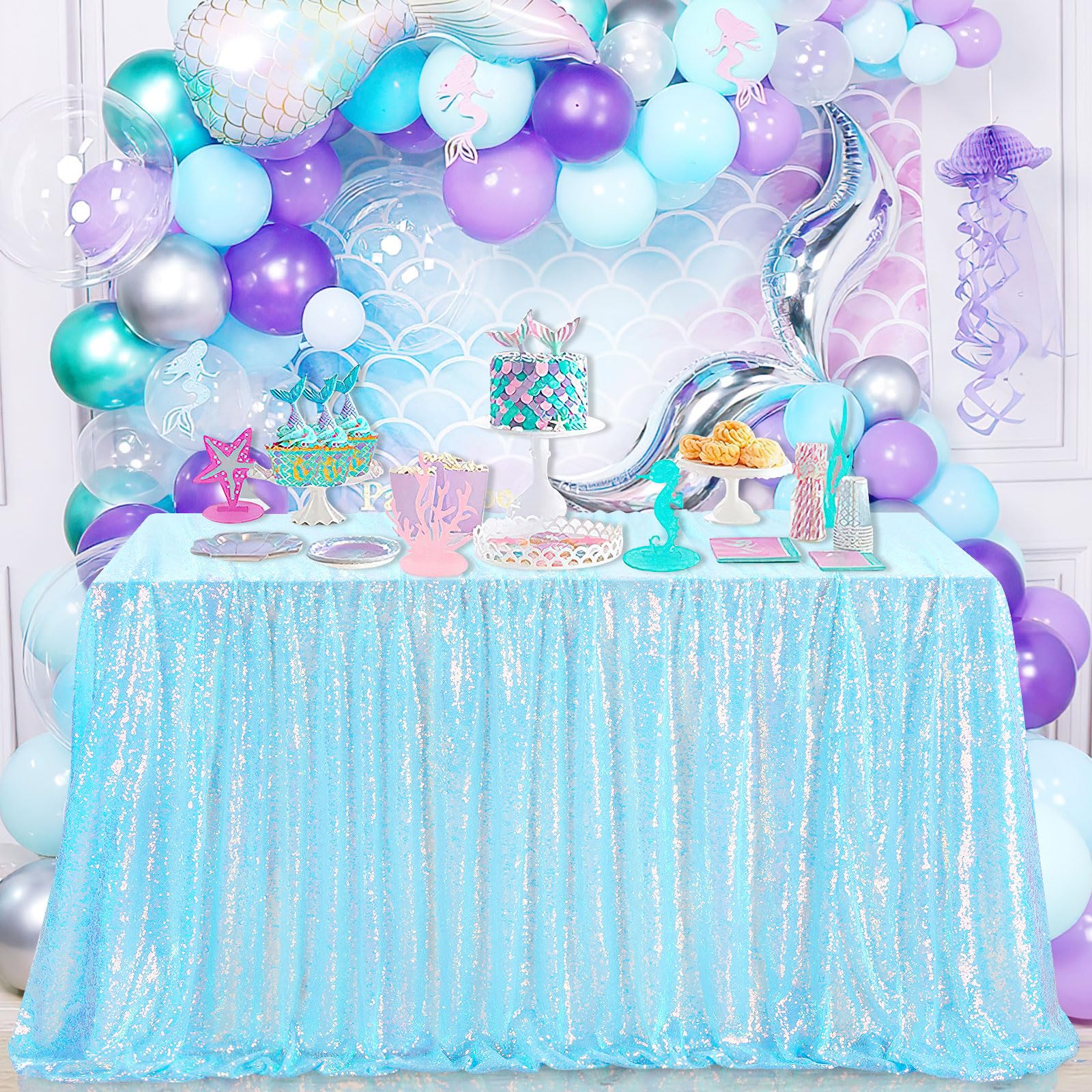 Queendream Iridescent Tablecloth Blue Sequin Table Cloth Overlay Glitter Mermaid Birthday Party Decorations 90X132 Inches
