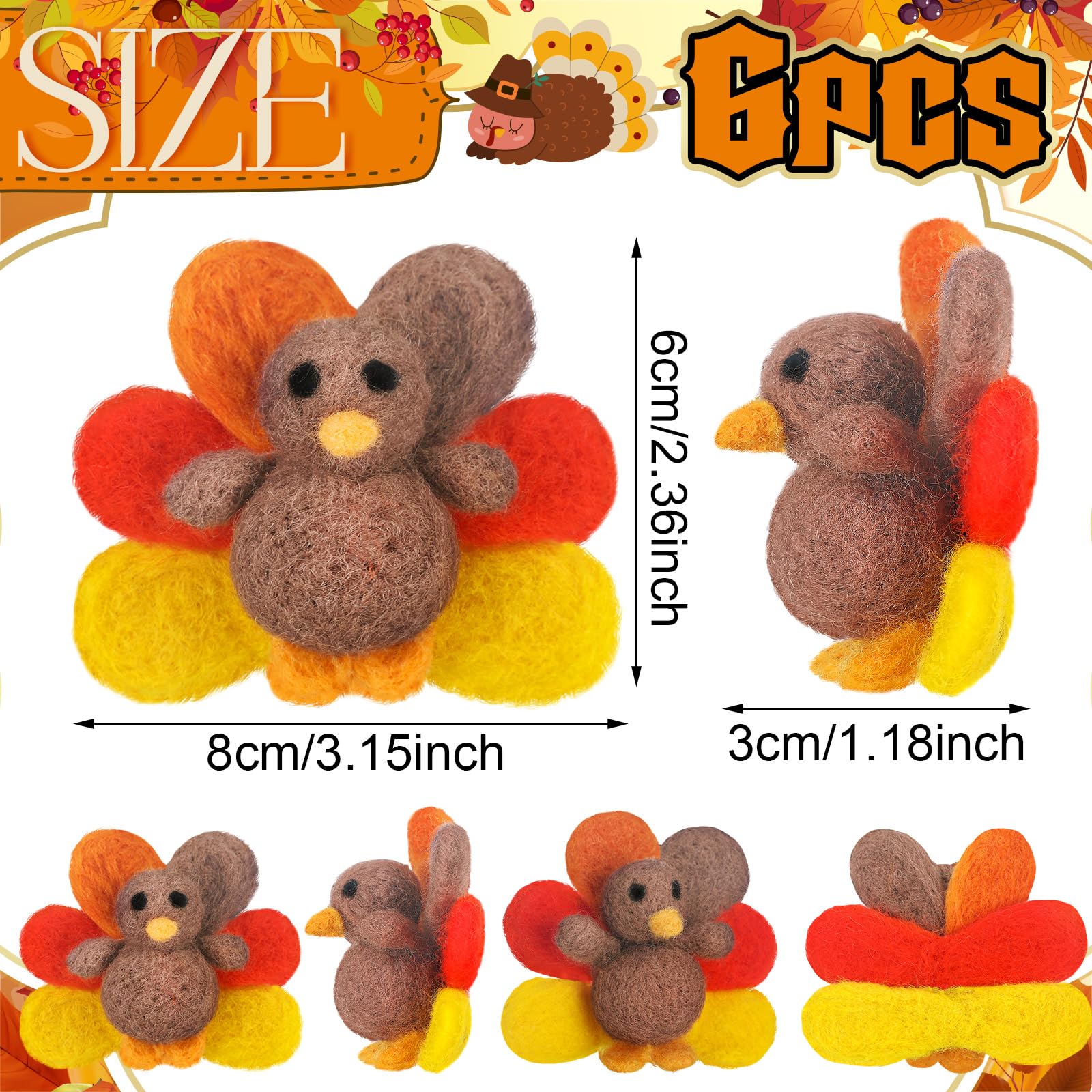 Hollowfly 6 Pcs Thanksgiving Felt Turkey Fall Felt Garland Mini Wool Turkey Decorations Wool Autumn Ornaments for Thanksgiving F