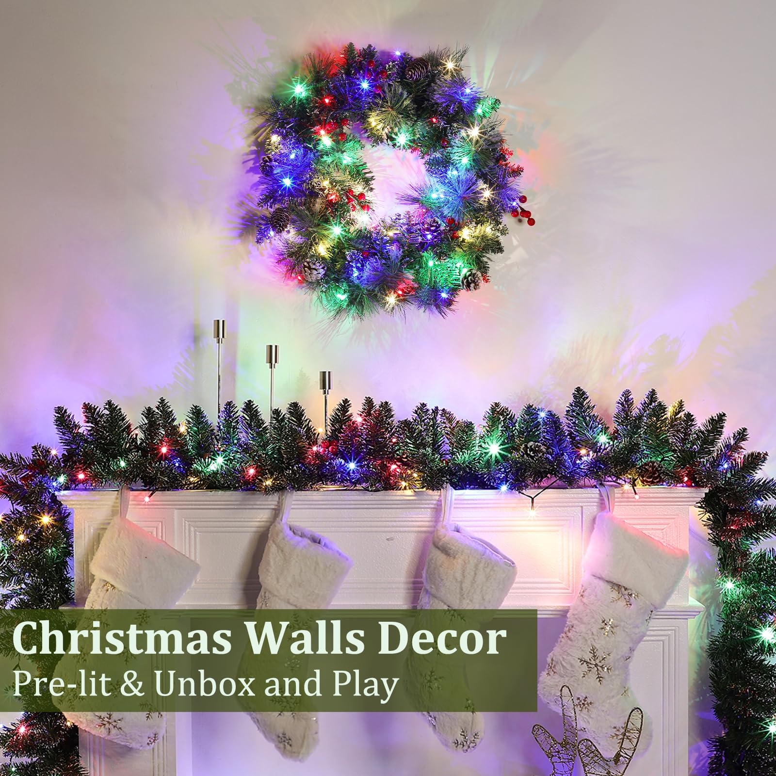 Dual Color Change&Timer-Prelit Christmas Wreaths for Front Door,30 Warm White&Color Light 8 Mode,Pinecone,Red Berry,Lifelike Spu