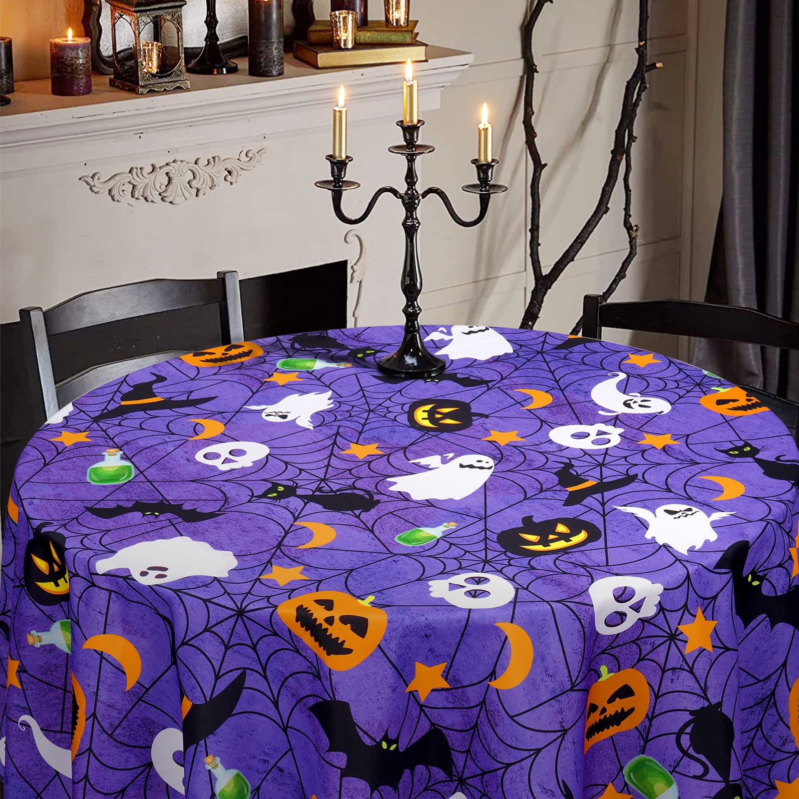 Aspmiz Halloween Tablecloth, Purple Spider Web Table Cloth For Party Decoration, Round 60 Inch, Bat Cobweb And Ghost Tablecloths