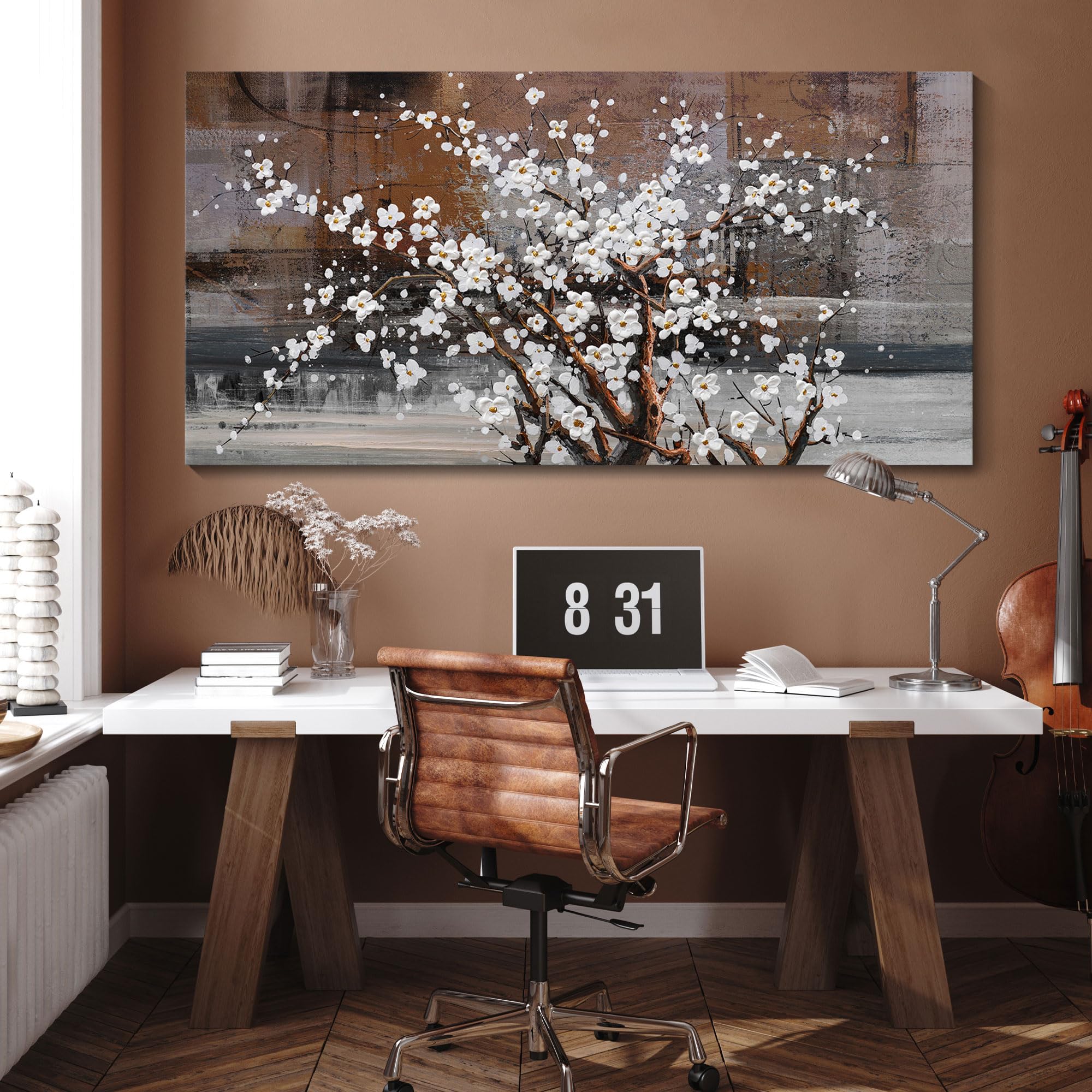 Wall Art For Living Room Large Modern Wall Decor Canvas Paintings For Wall Decorations White Flower Graffiti On Brown Background