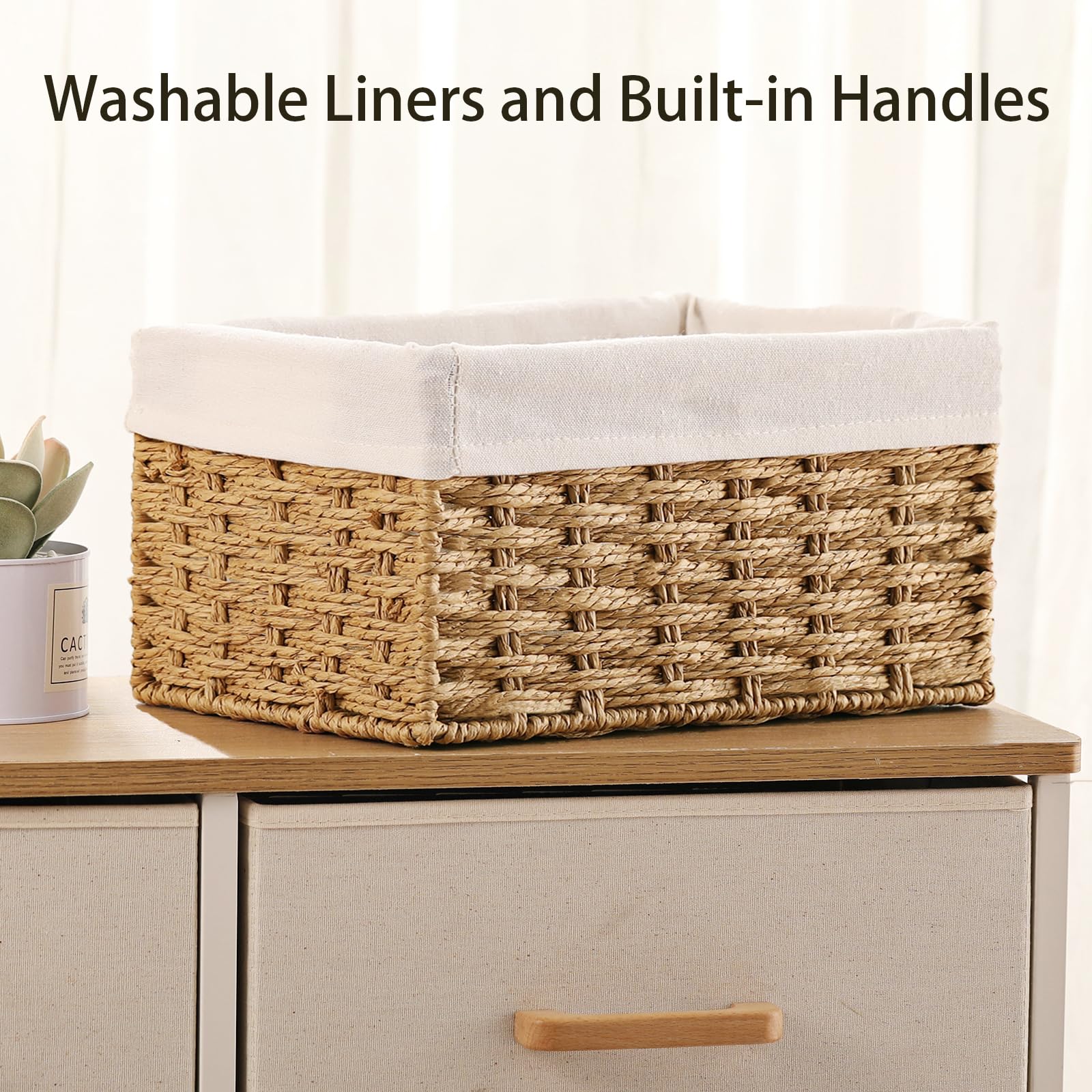 Vagusicc Wicker Storage Basket, 3-Pack Woven Paper Rope Wicker Baskets With Handles, Large Wicker Basket Cube Storage Bins With