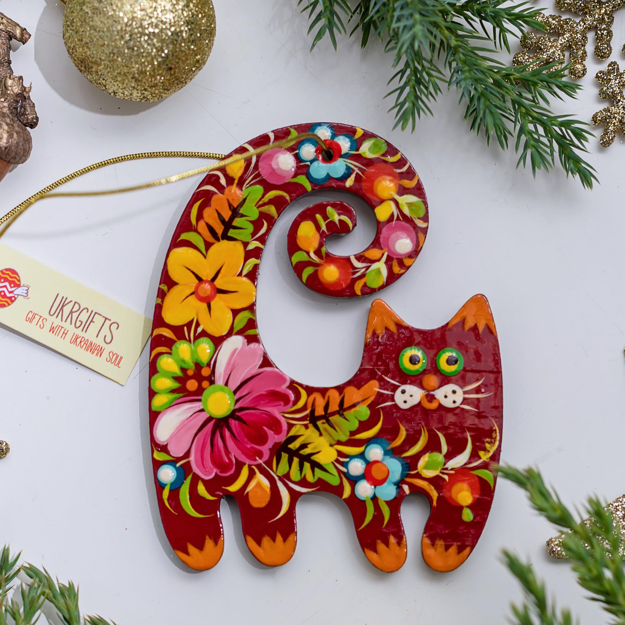 Hand painted wooden Cat Christmas Ornament 3,3 ? 2,8 ? 0,2 Inch | 7 ? 8,5 ? 0,5 cm Cats lover tree Christmas Decorations traditi