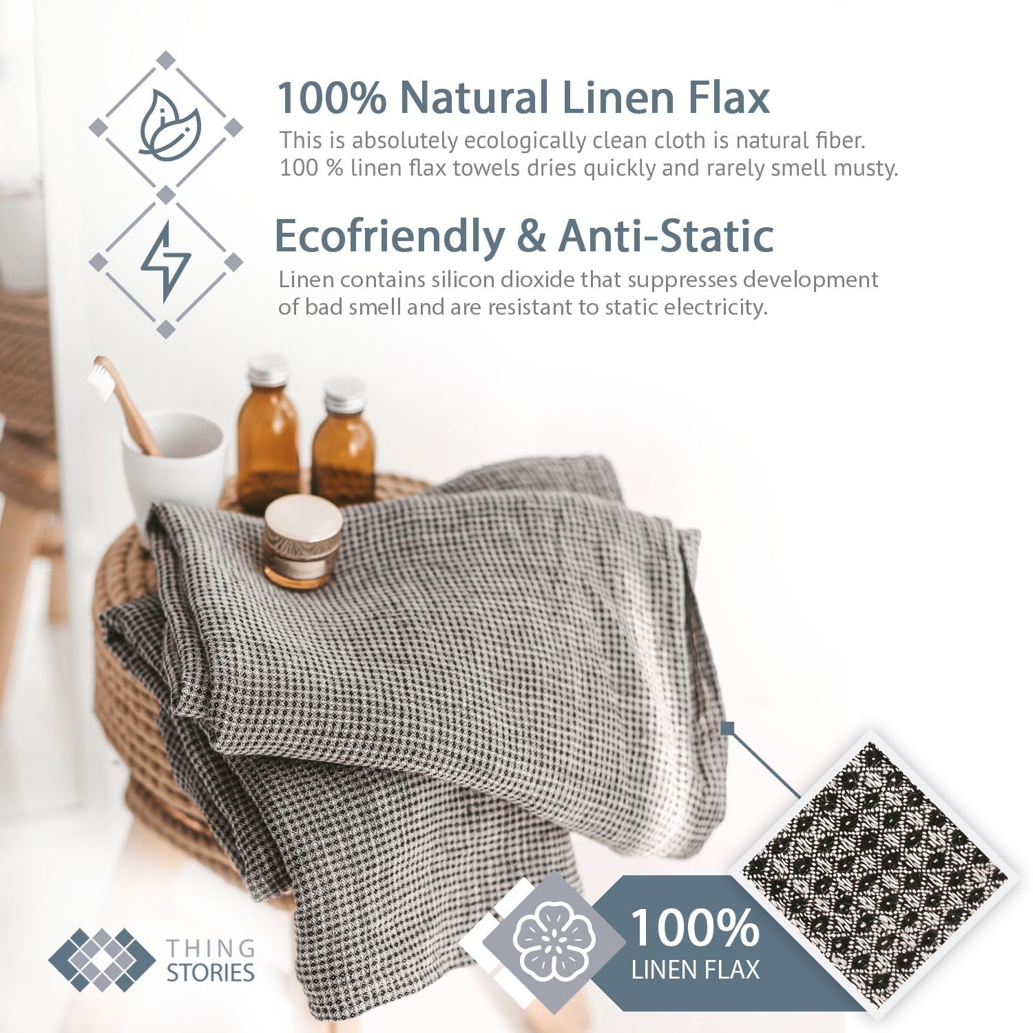 Pure 100% Linen Bath Towel - 30 X 60-Inch Soft Lightweight Travel Towel - Quick Dry Waffle Towels For Bathroom - Luxury Black-Na