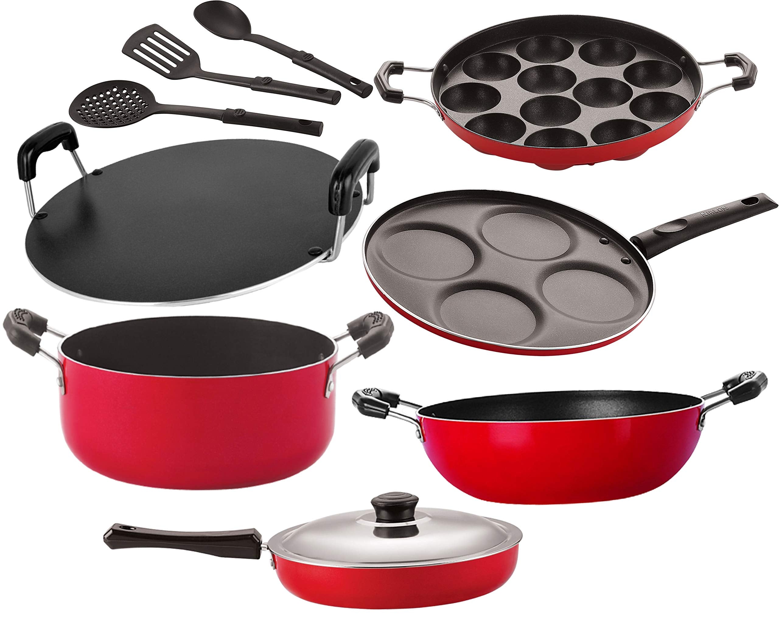 Nirlon Classic Range Non Stick Aluminium Gas Compatible Cookware Utensils Combo Set Offer [26_Fp12_Kd13_Ap_Rt_Cass20_Up4_3Spn]