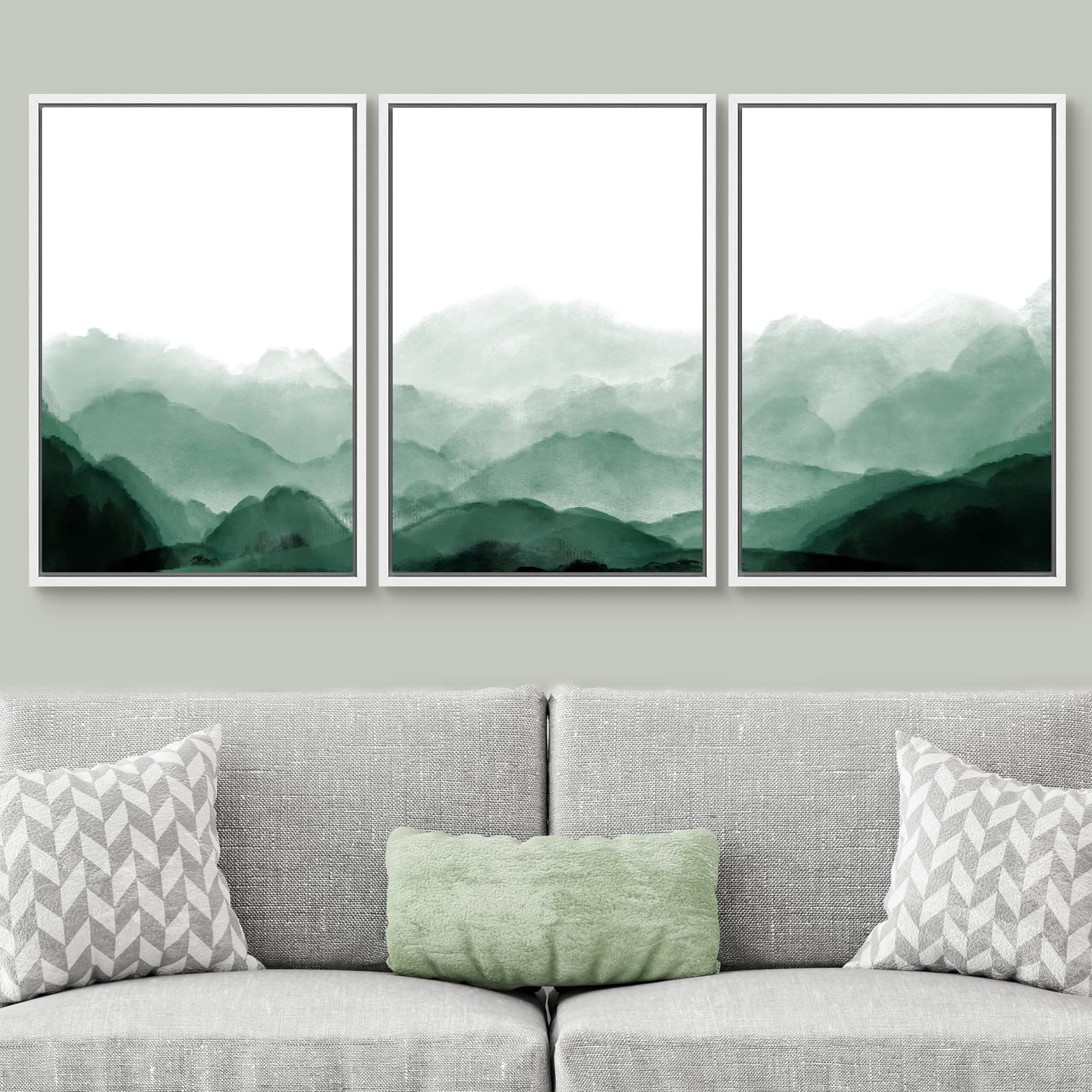 Signwin Framed Canvas Print Wall Art Green Watercolor Mountains In Fog Nature Wilderness Illustrations Modern Art Rustic Scenic