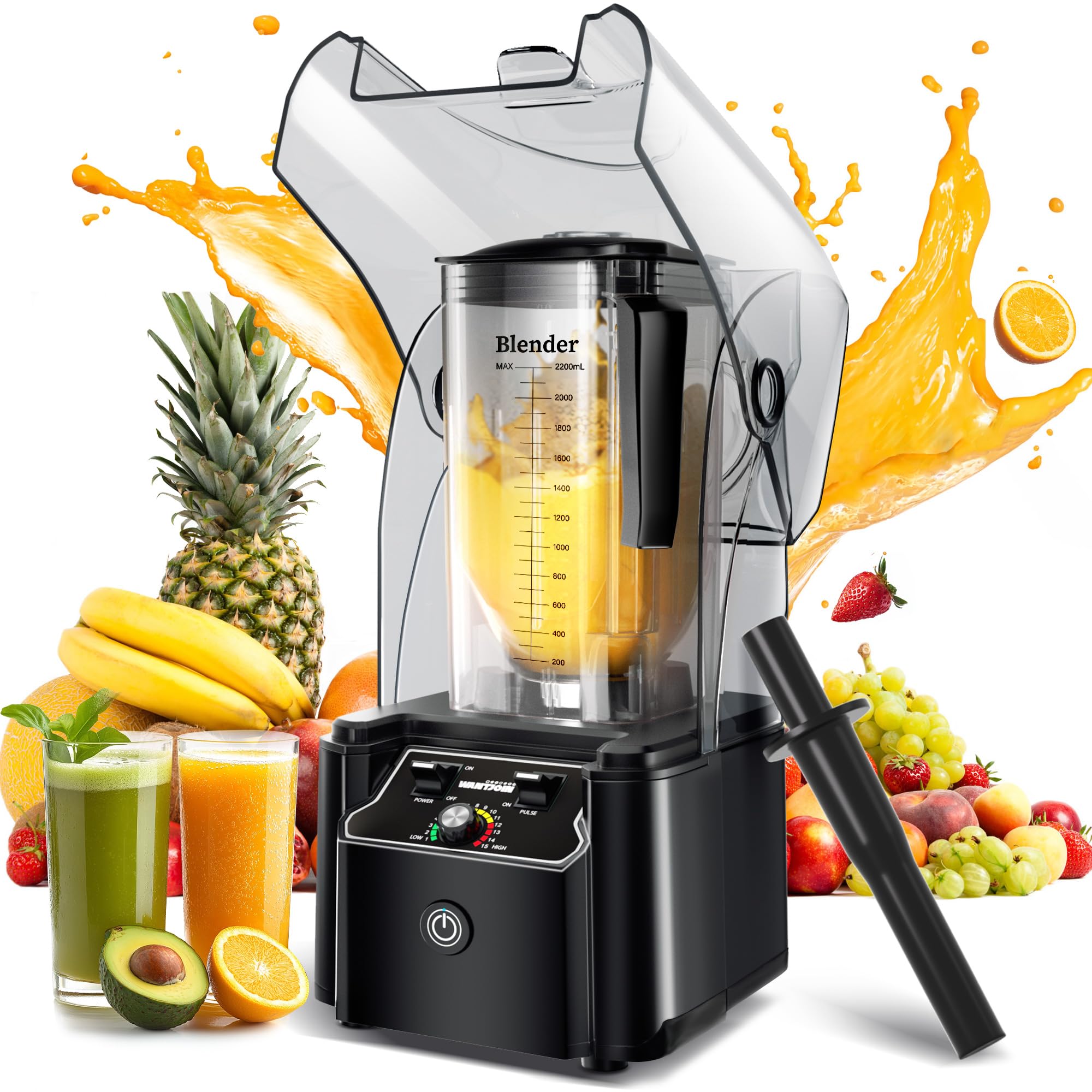 WantJoin Professional Commercial Blender With Shield Quiet Sound Enclosure 2200W Industries Strong and Quiet Professional-Grade Power  Self-Cleaning  Black
