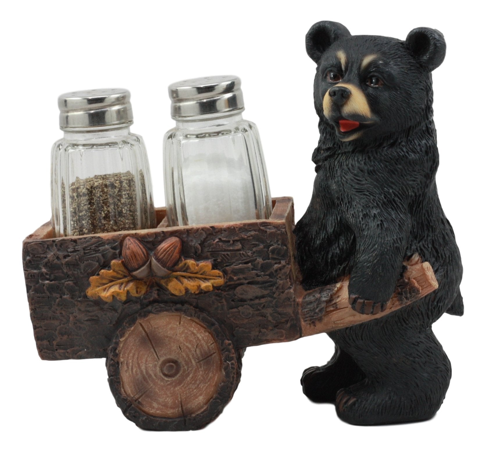 Ebros Woodlands Spice Delivery Black Bear Pushing Vintage Wagon Cart Salt And Pepper Shakers Holder Figurine Set Forest Rocky Mo