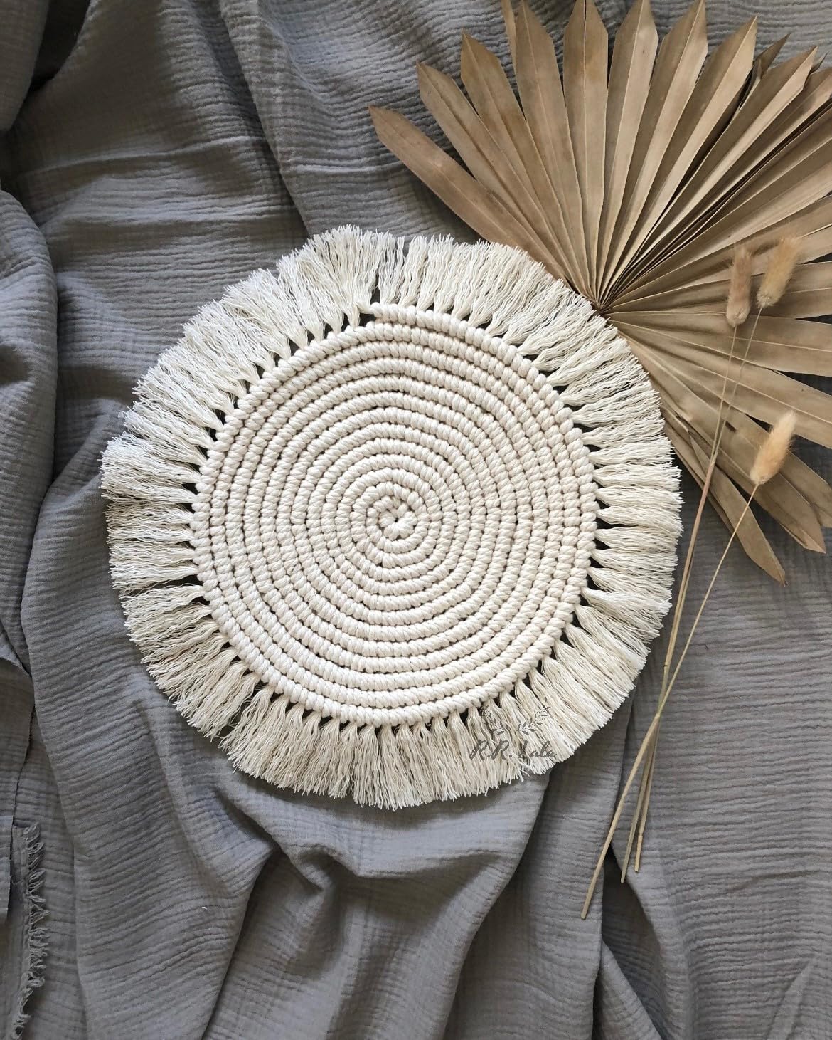 Macrame Round Table Runner Coaster in Natural, Boho Style for Home Decor, Boho Round Table Placemat for Living Room 14x14 inch O