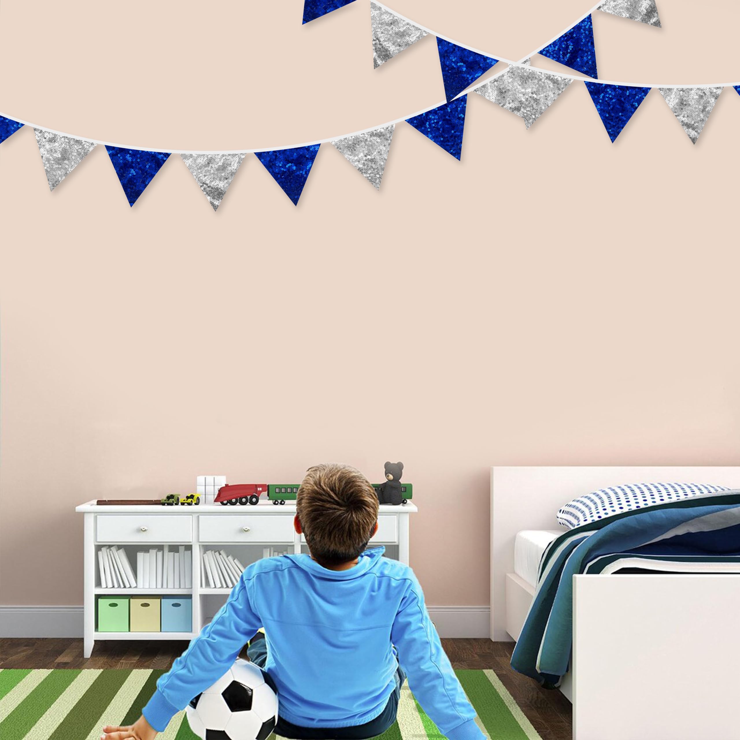 Pinkblume Silver Blue Decorations Double Sided Sequin Fabric Royal Blue Silver Triangle Pennant Banner Flag Bunting Garland For