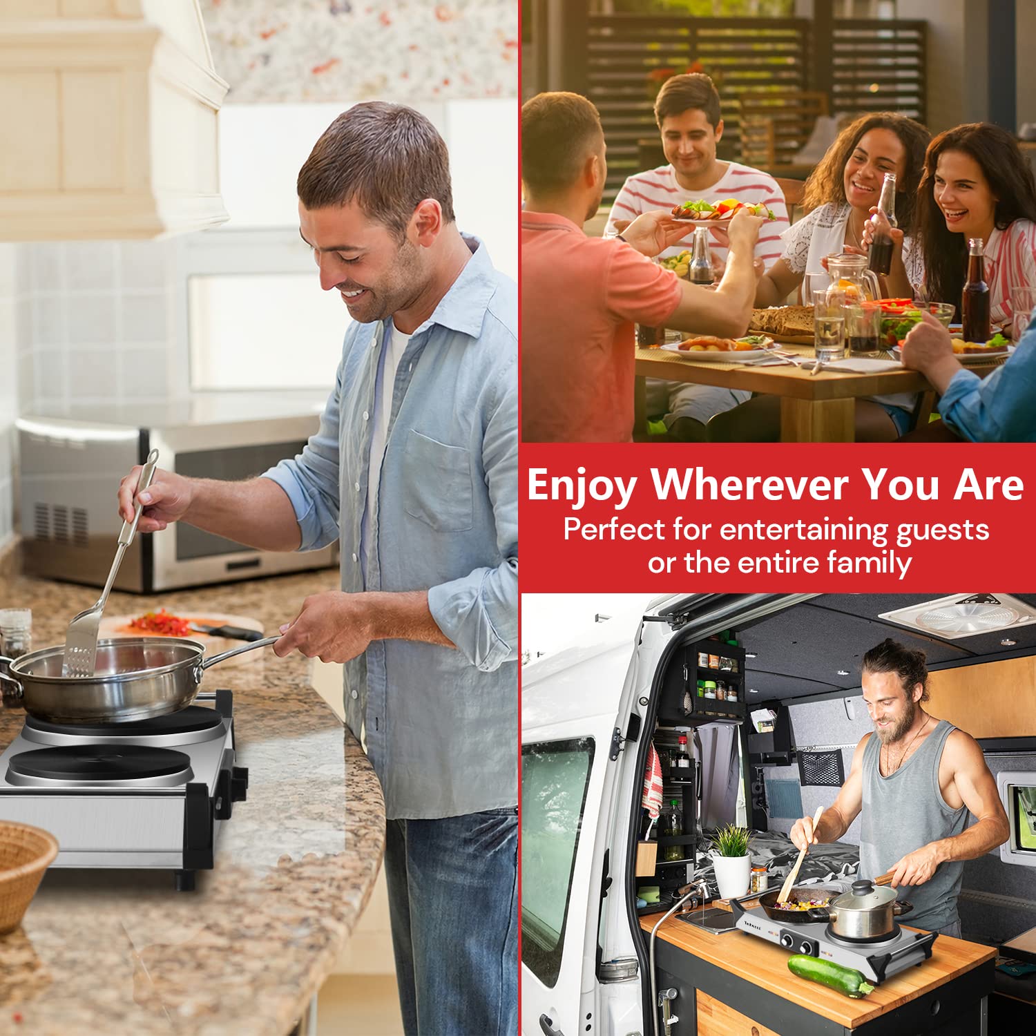 Hot Plate  Techwood Doubel Burner for Cooking  1800W Countertop Electric Stoves with Adjustable Temperature & Stay Cool Handles  Dual Cooktop for RV/Home/Camp  Upgraded Version Stainless Steel  Silver